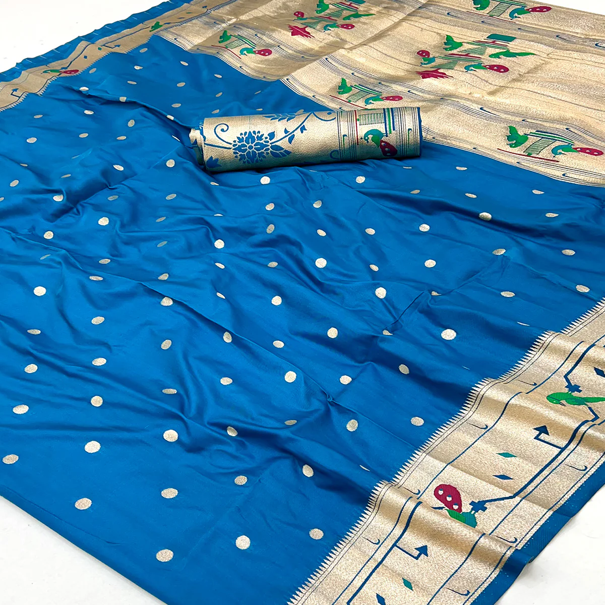 Blue Floral Zari Weaving Work Silk Blend Paithani Saree With Traditional Charm - Image 2