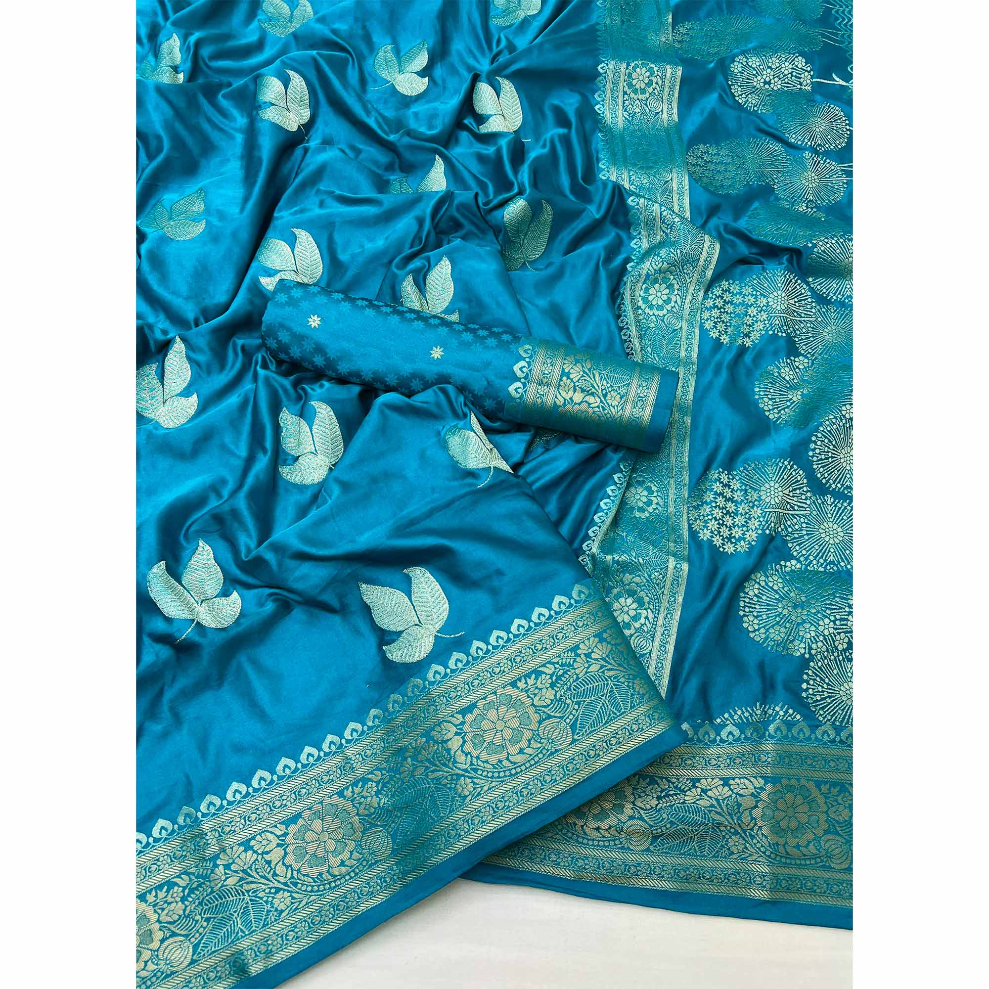 Blue Floral Zari Woven Satin Silk Saree With Graceful Tassel Pallu - Image 3