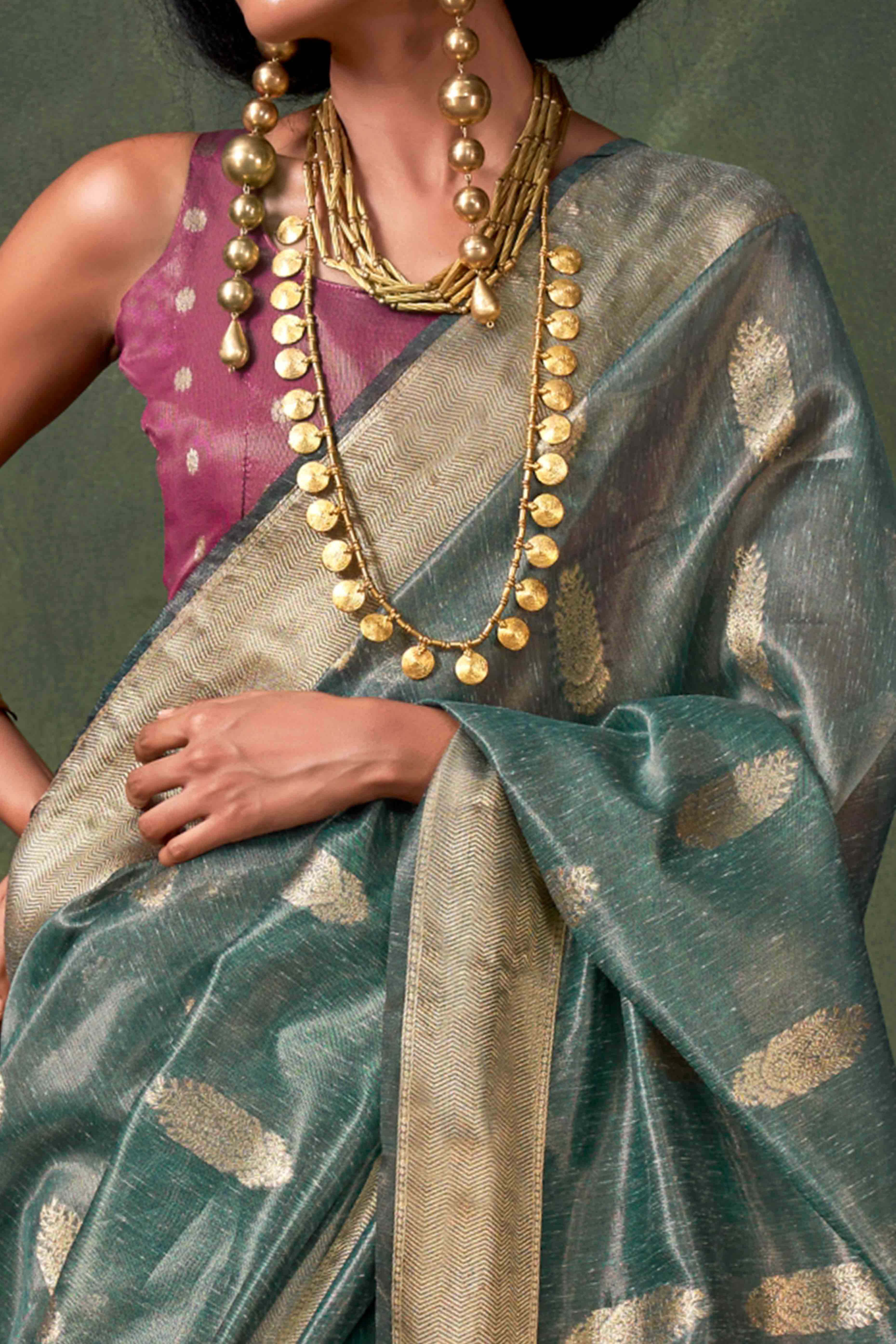 Blue Floral Zari Woven Tissue Paithani Style Saree - Image 2