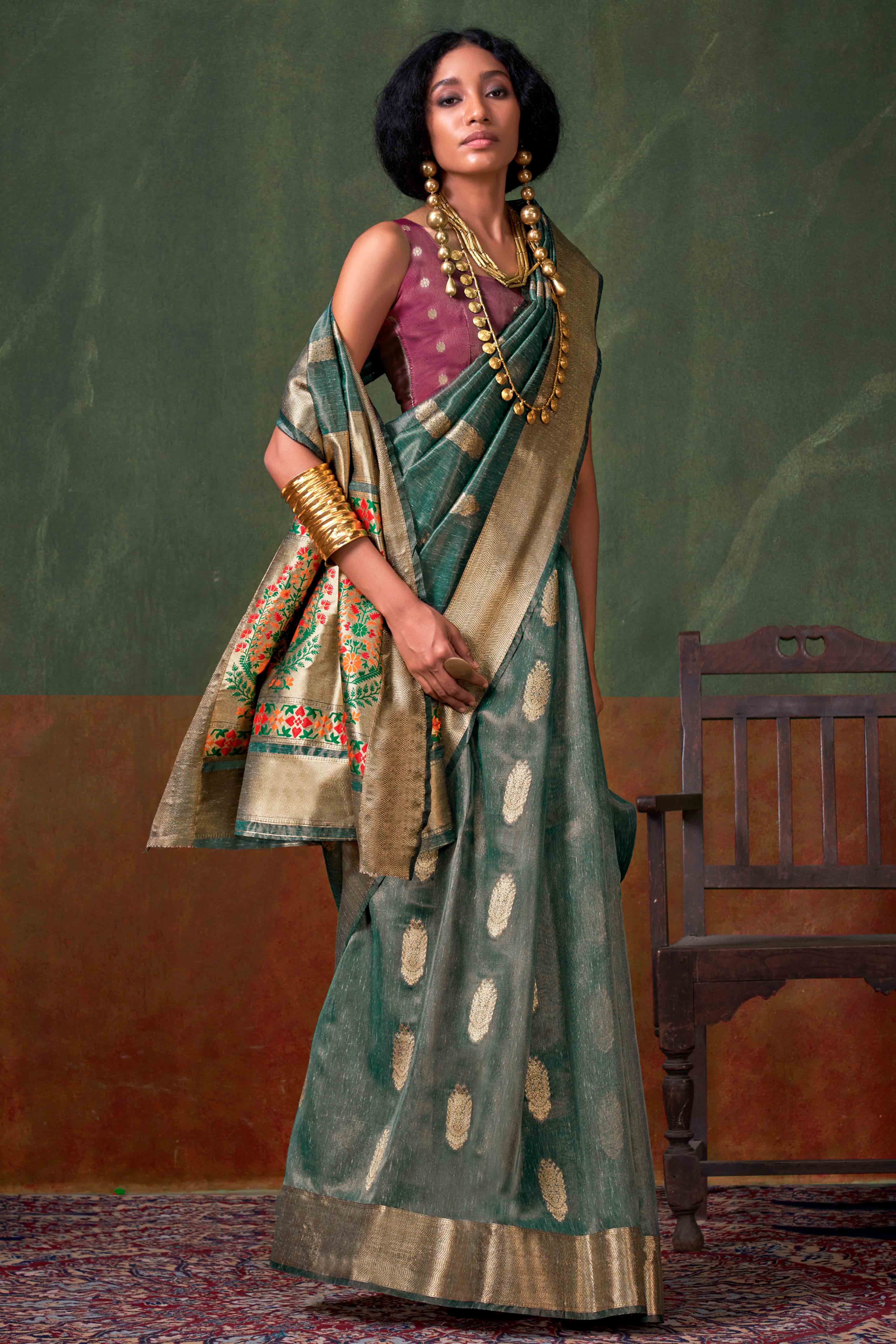 Blue Floral Zari Woven Tissue Paithani Style Saree - Image 3