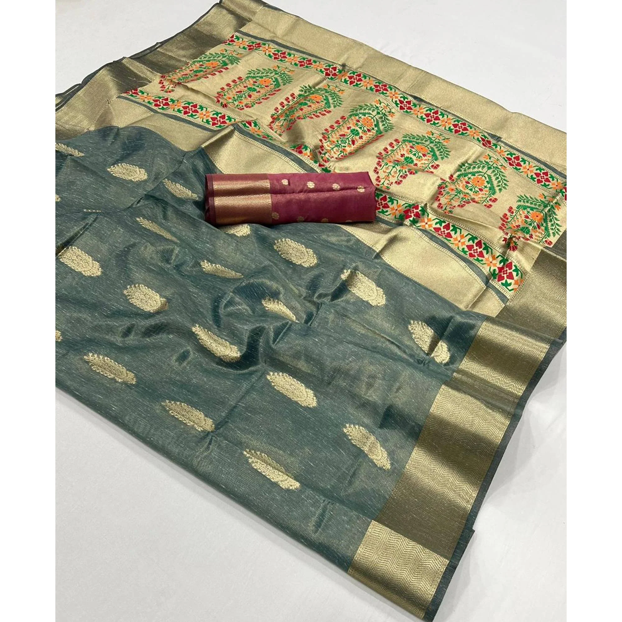 Blue Floral Zari Woven Tissue Paithani Style Saree - Image 4