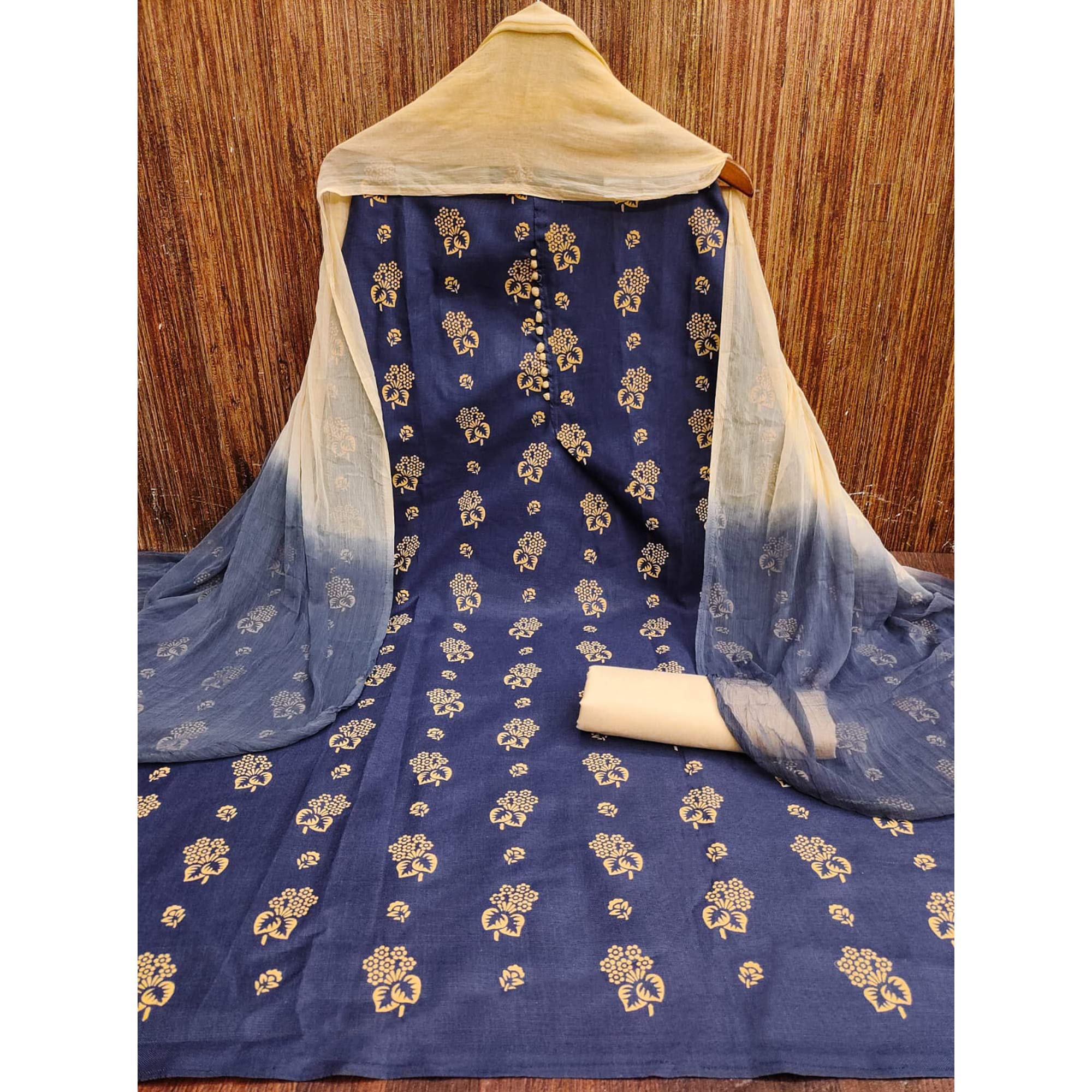 Blue Foil Floral Printed Cotton Blend Dress Material - Image 4