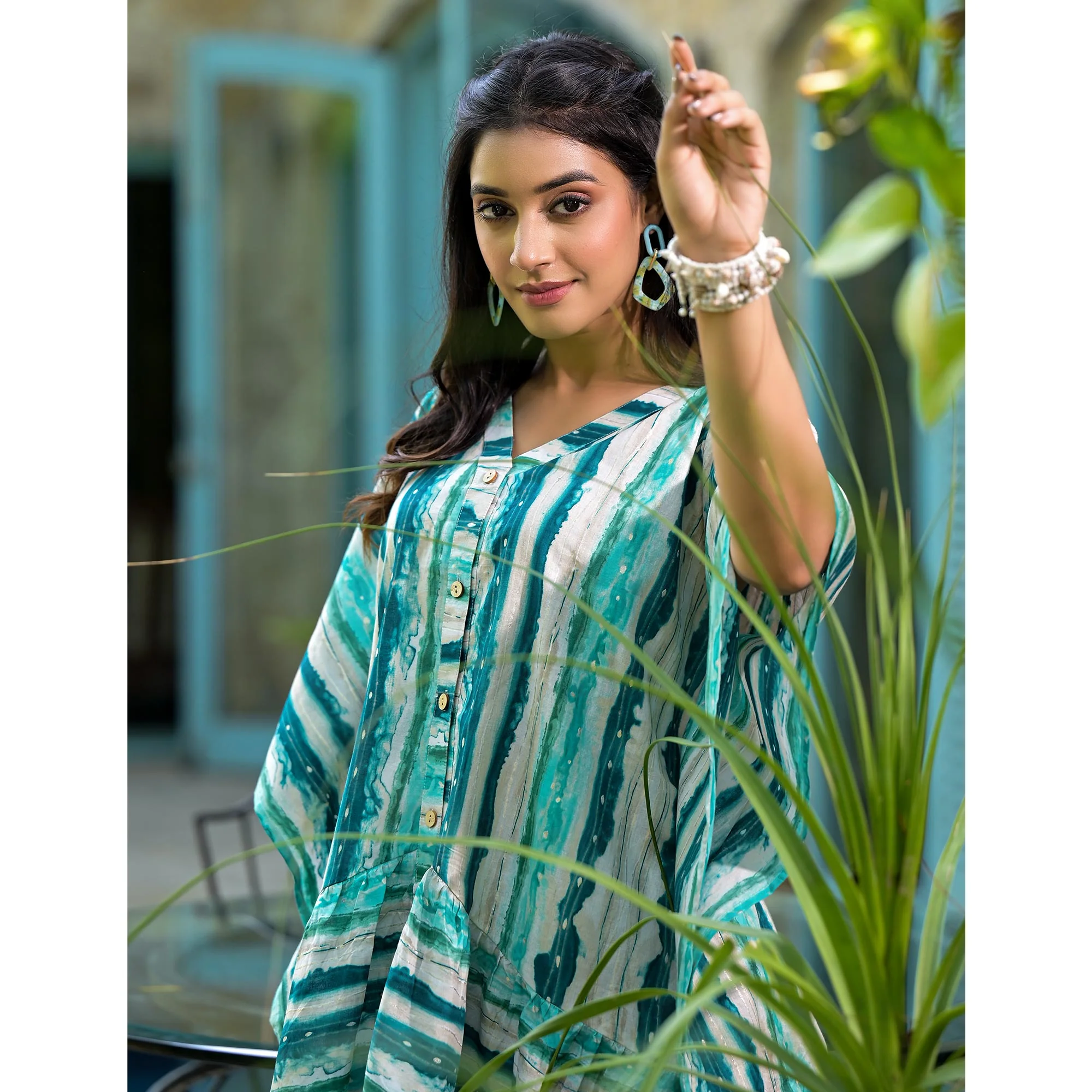 Blue Foil Printed Cambric Cotton Kaftan Style Co-Ord Set - Image 7