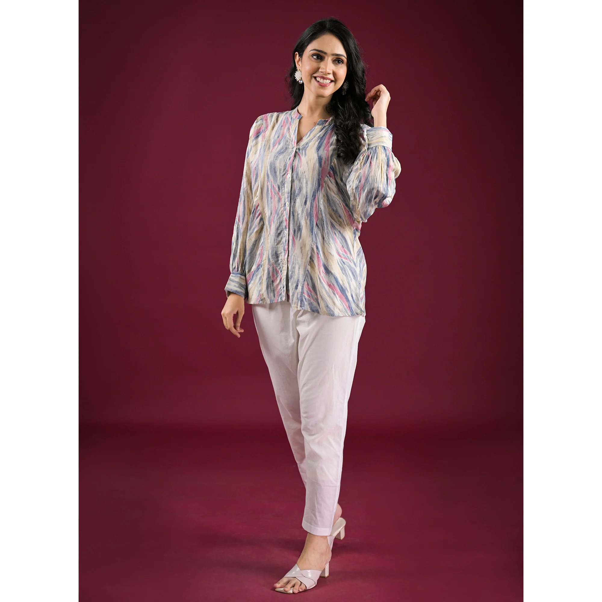 Blue Foil Printed Chanderi Silk A-Line Top - Image 6
