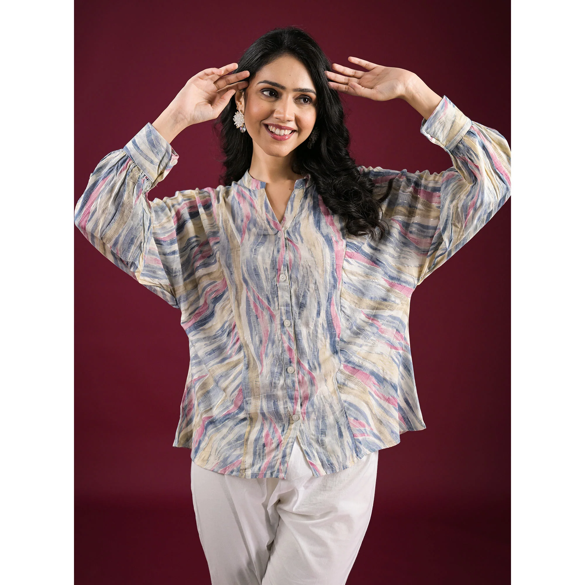 Blue Foil Printed Chanderi Silk A-Line Top - Image 8