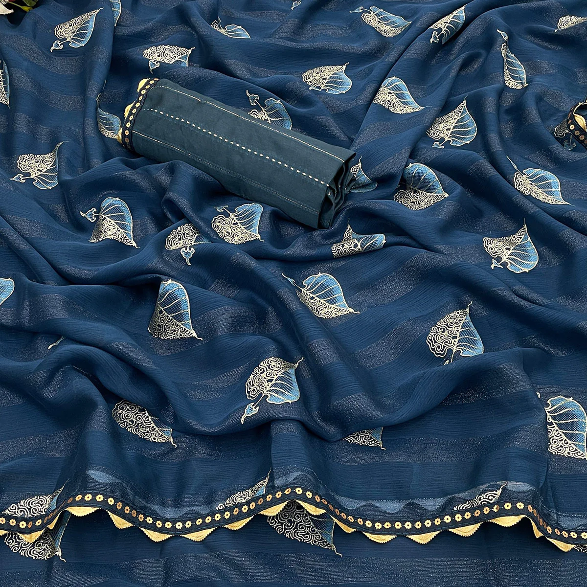 Blue Foil Printed Chiffon Saree With Sequins Embroidered Border - Image 2