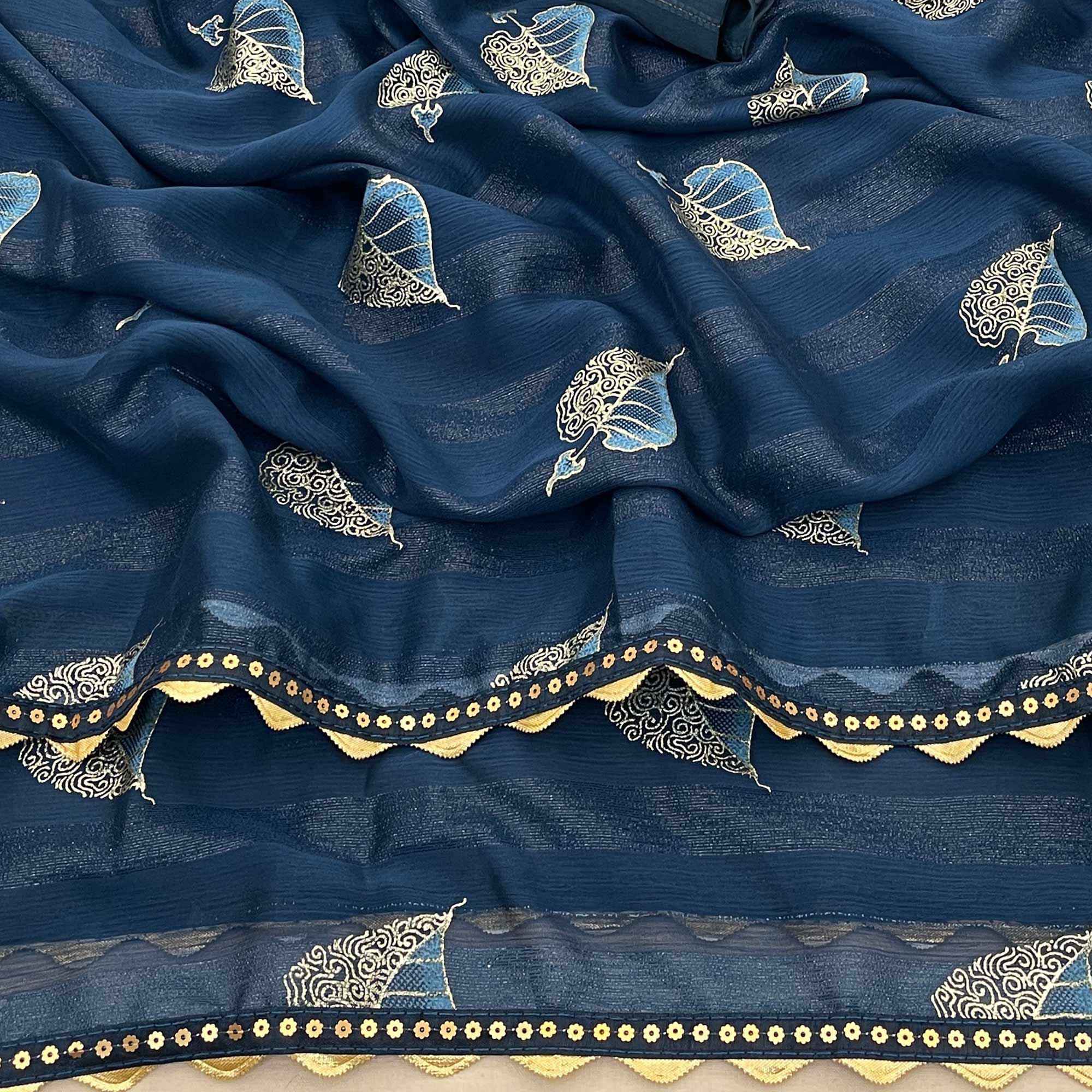 Blue Foil Printed Chiffon Saree With Sequins Embroidered Border - Image 3