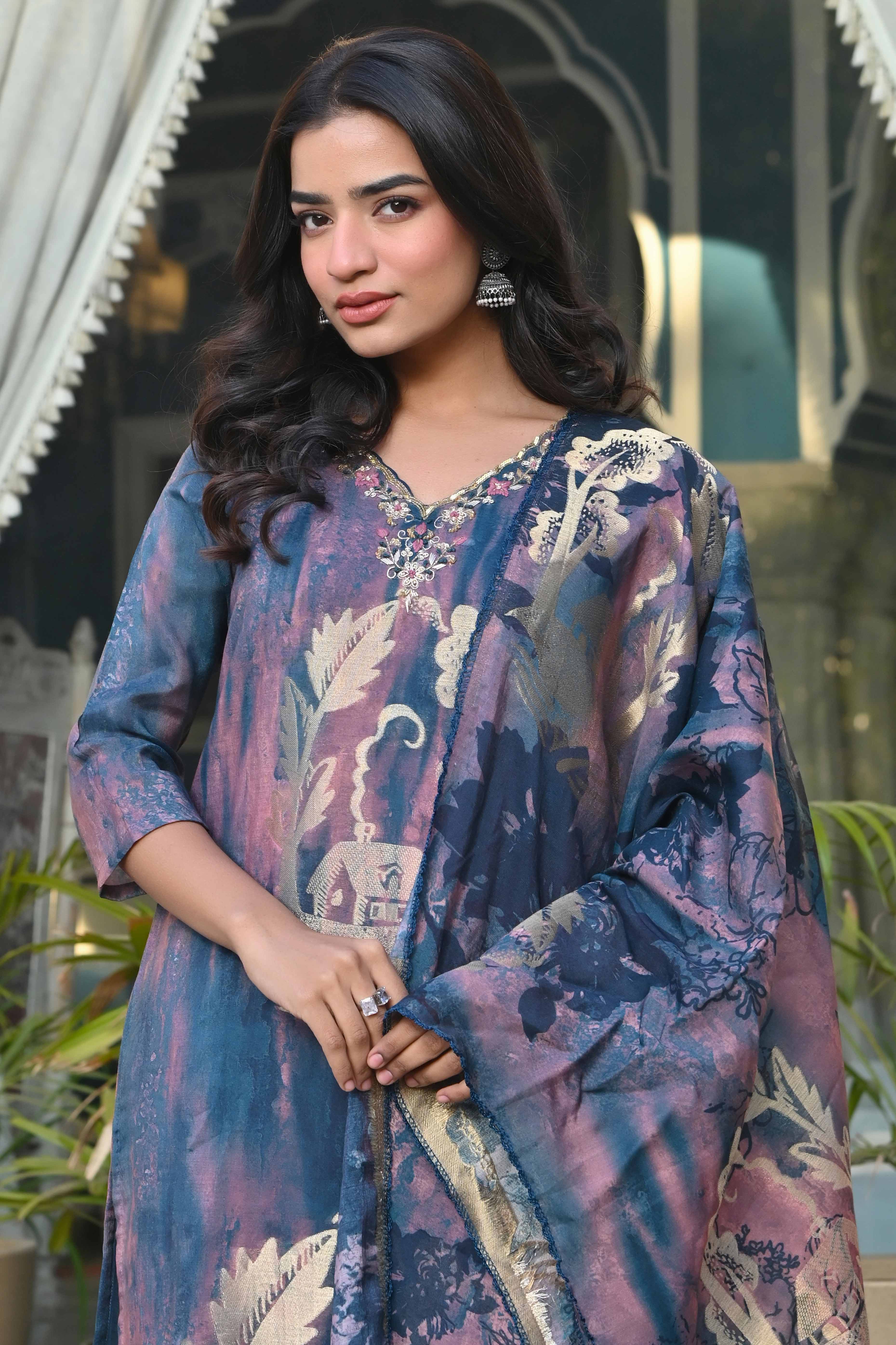 Blue Foil Printed Muslin Straight Salwar Suit - Image 8