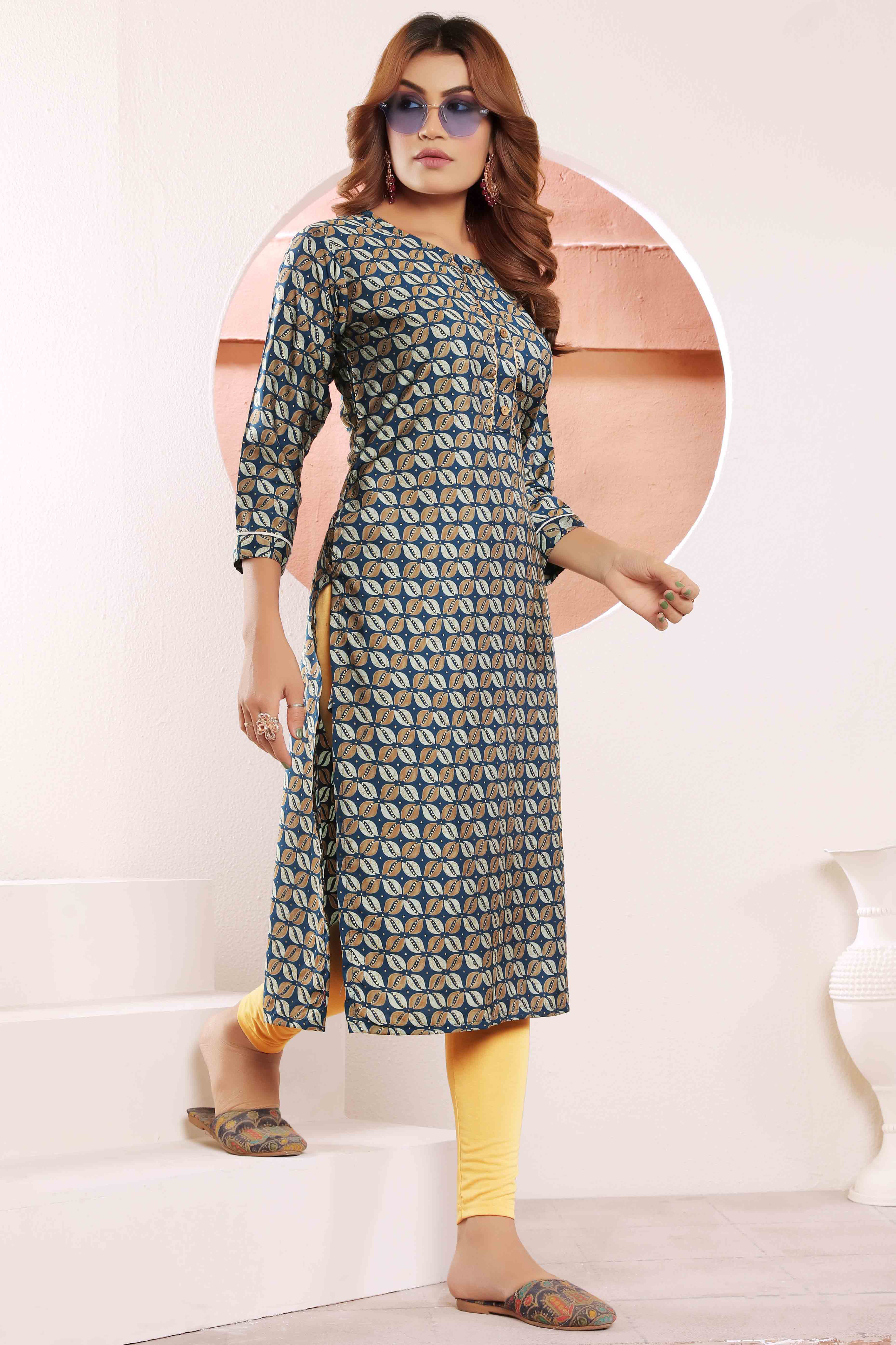Blue Foil Printed Muslin Viscose Kurti - Image 3
