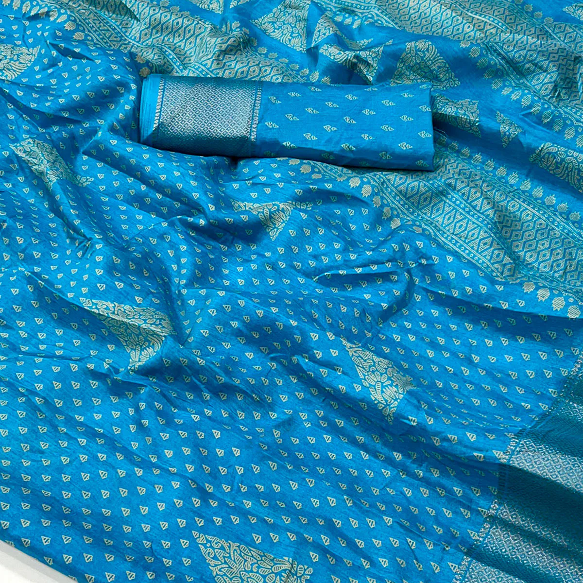 Blue Geometric Printed Dola Silk Saree With Zari Border - Image 2