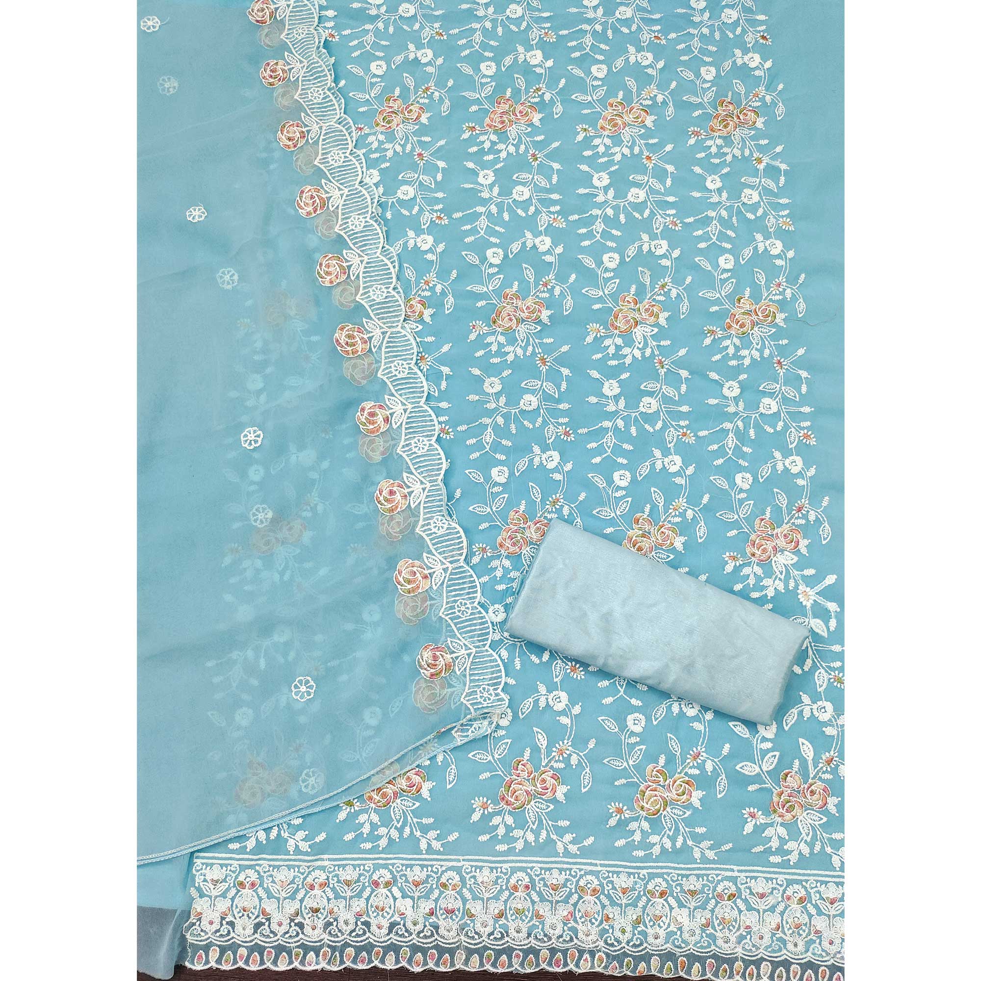 Blue Georgette Dress Material Highlighted With Floral Thread Embroidery - Image 4
