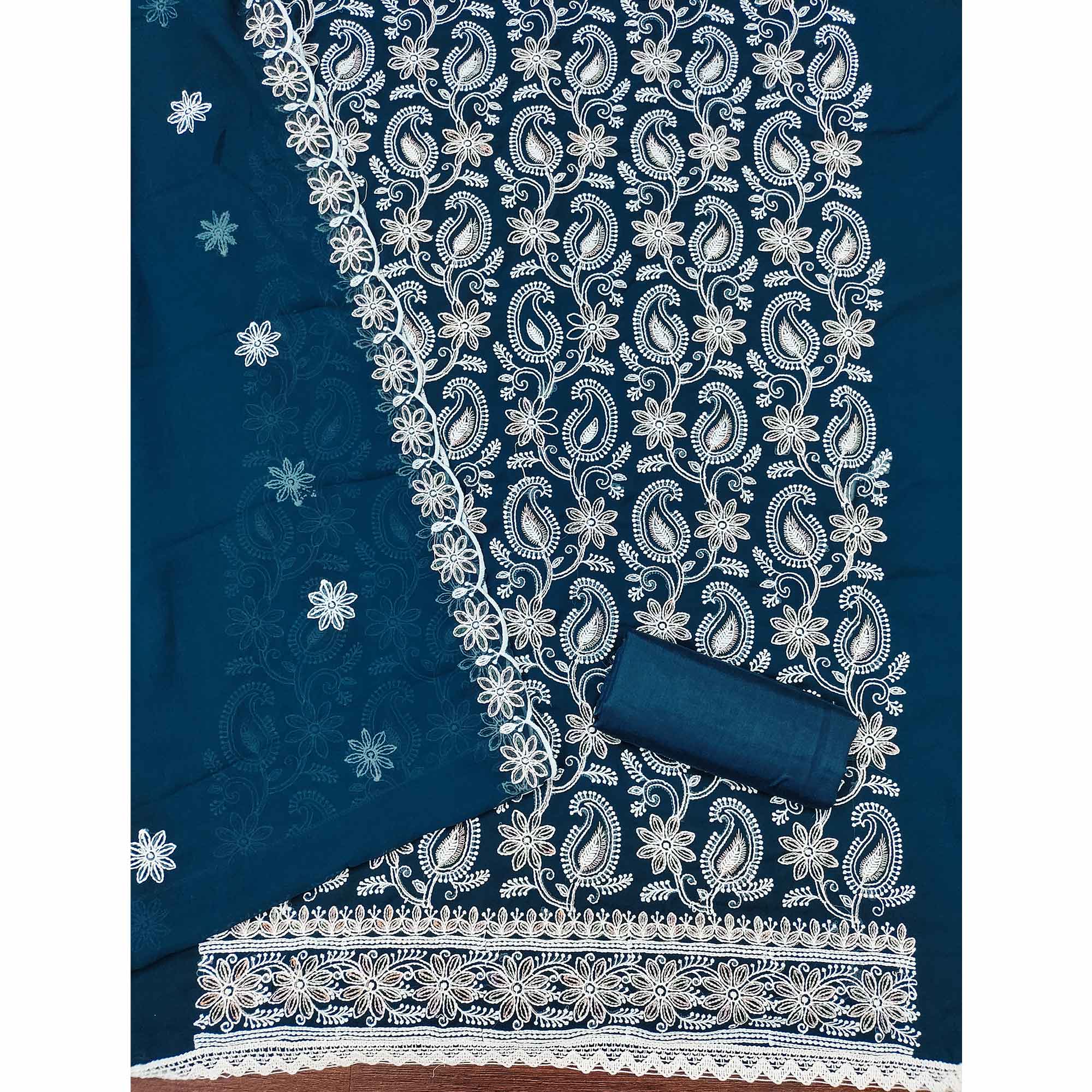 Blue Georgette Dress Material Highlighted With Paisley & Floral Thread Embroidery - Image 4