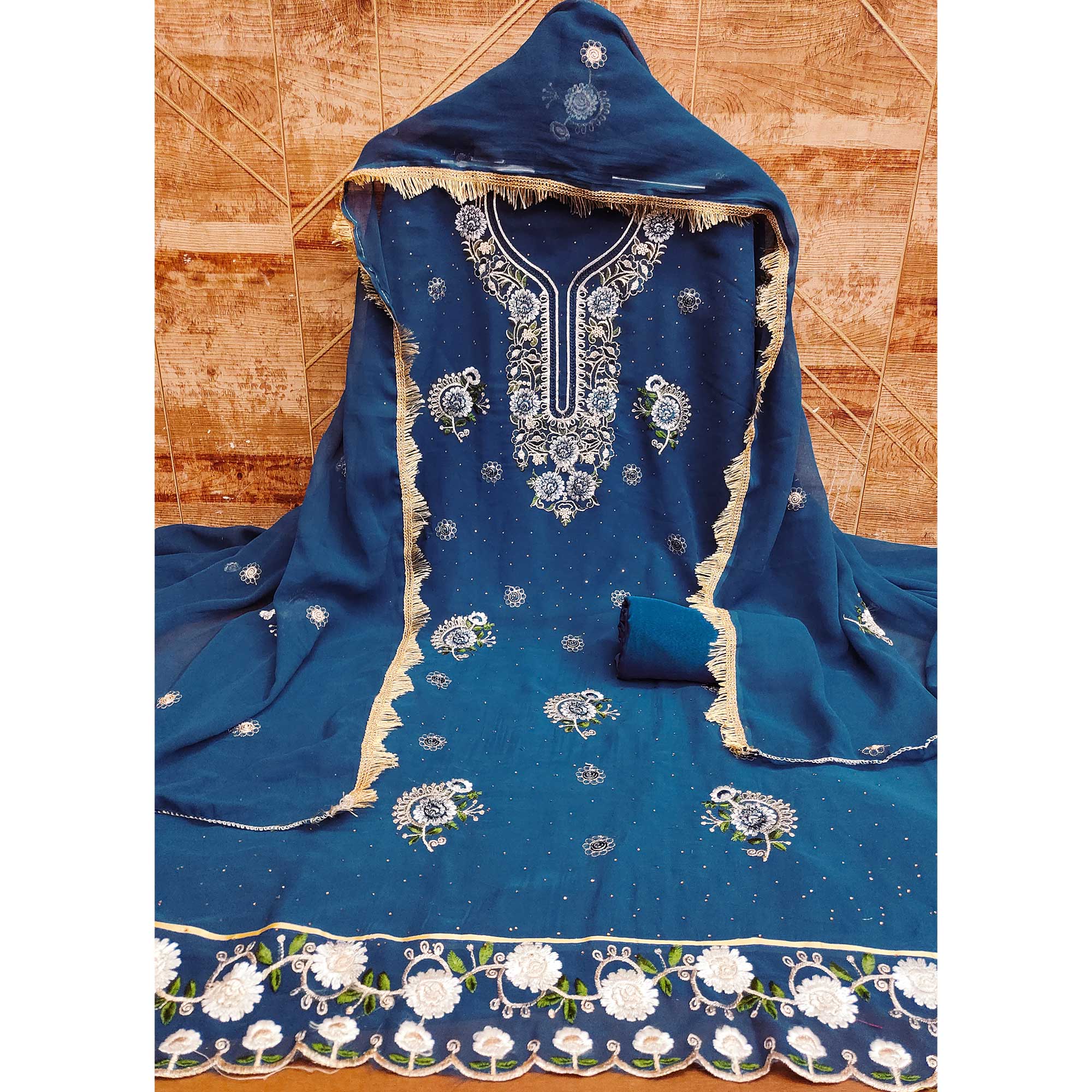 Blue Georgette Dress Material With Exquisite Floral Embroidery & Shimmering Stonework - Image 3