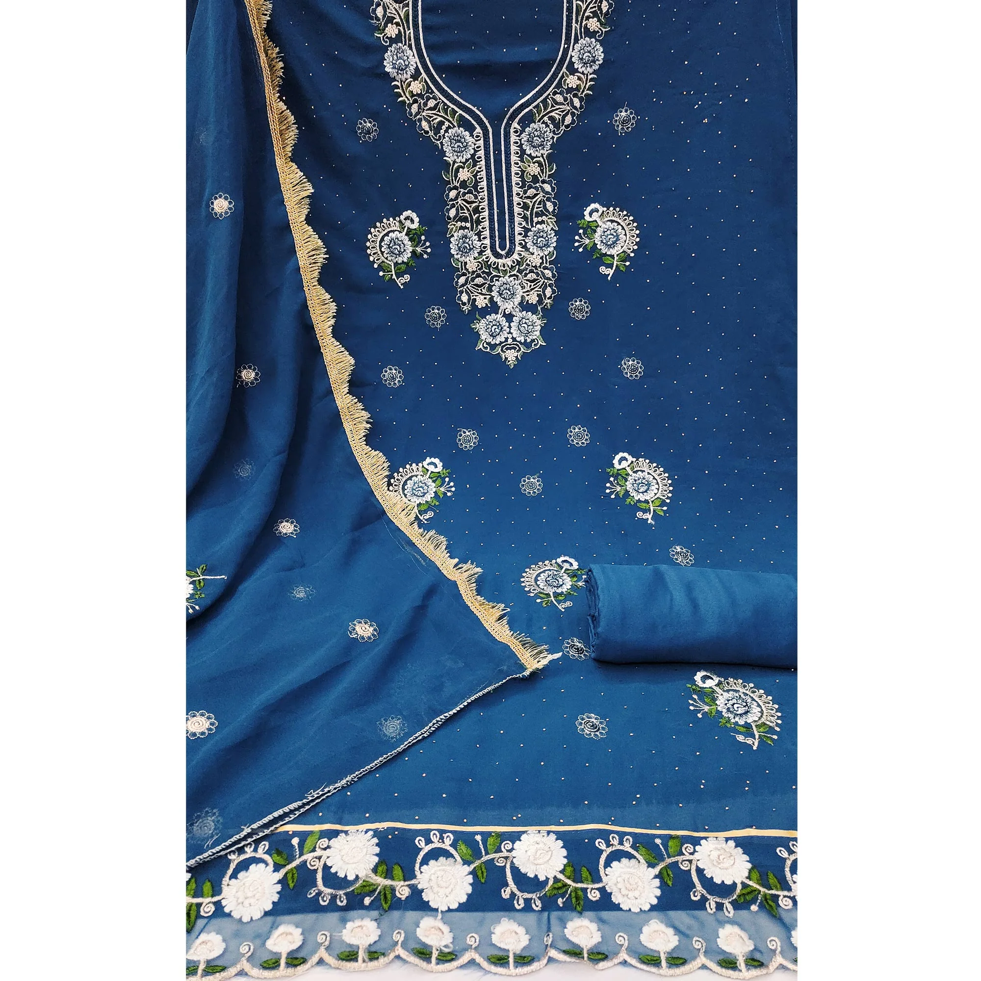 Blue Georgette Dress Material With Exquisite Floral Embroidery & Shimmering Stonework - Image 4