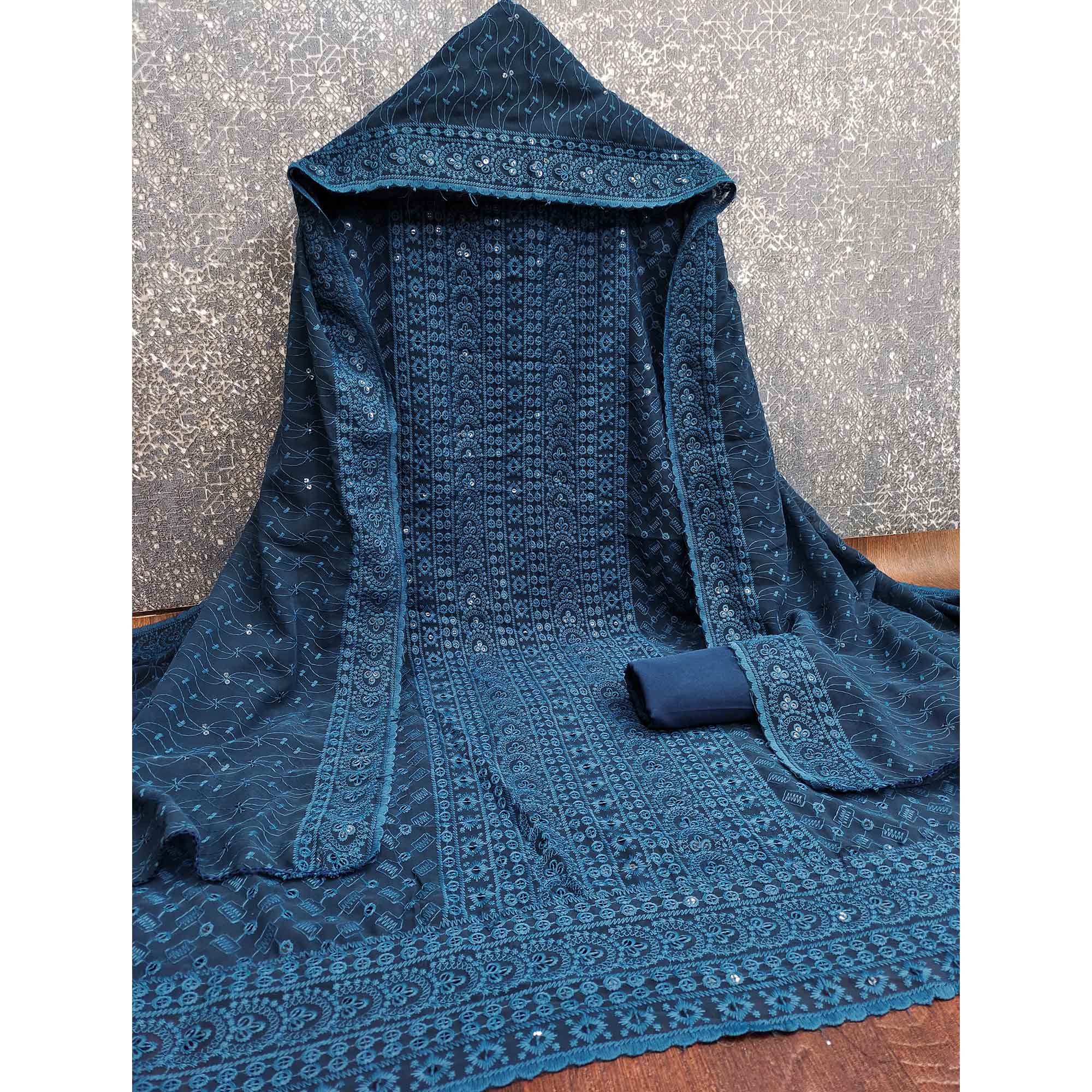 Blue Georgette Dress Material With Intricate Floral Thread & Sparkling Sequins Work - Image 3