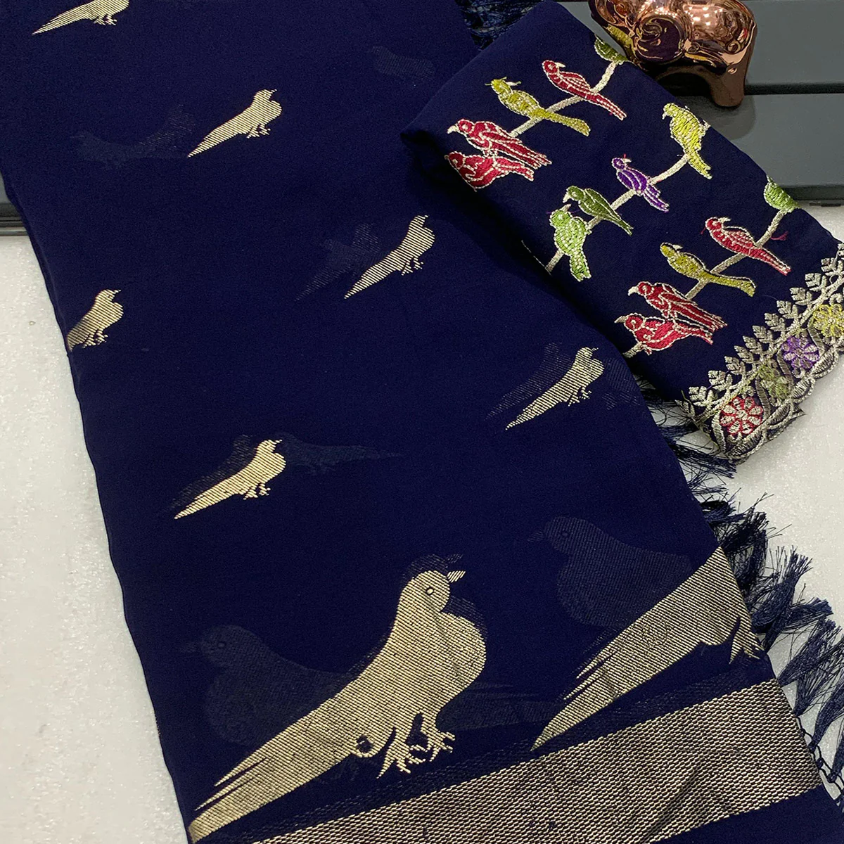 Blue Georgette Saree Adorned With Elegant Bird Embroidery - Image 2
