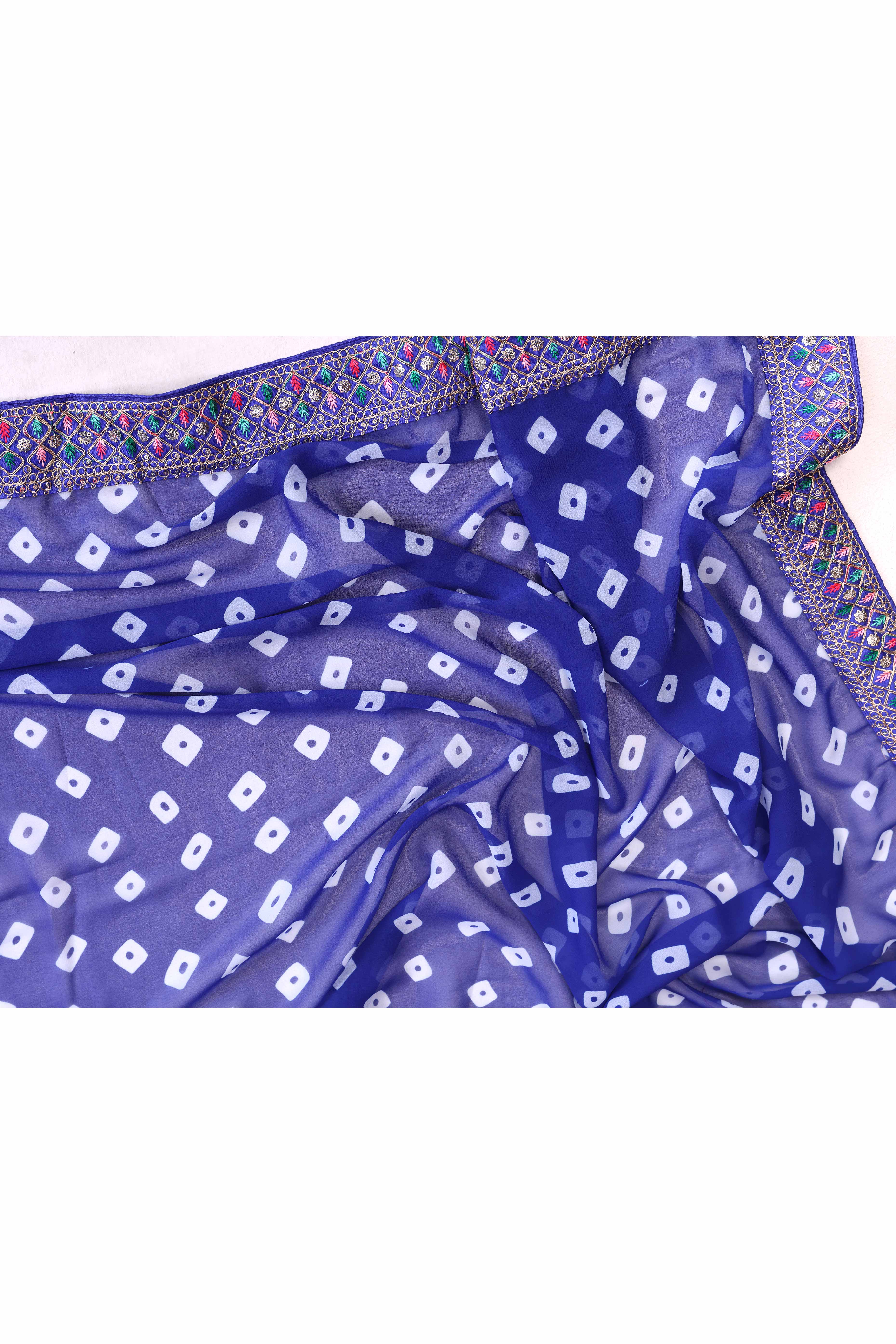 Blue Georgette Saree With Bandhani Print & Exquisite Cording Embroidery Border - Image 7