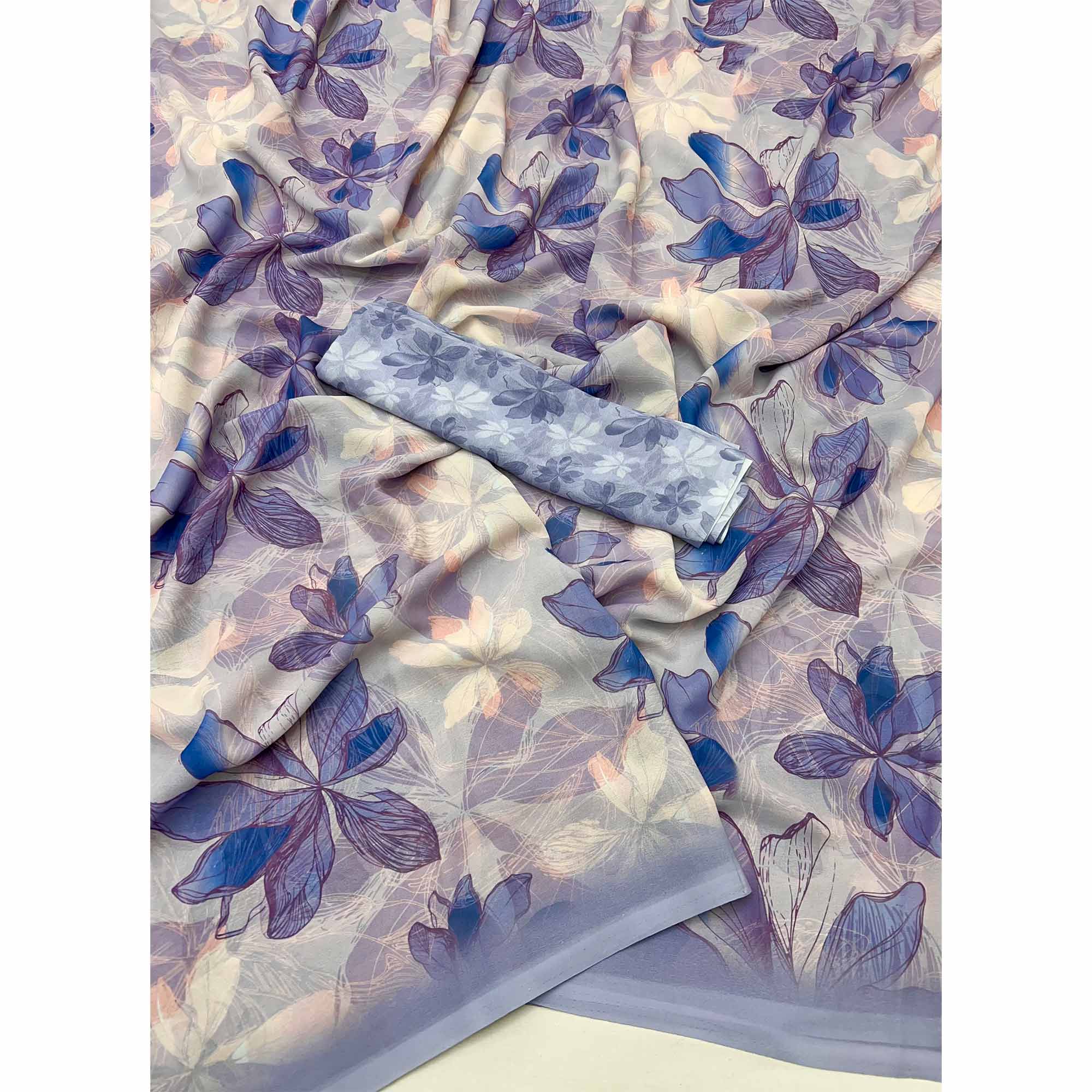 Blue Georgette Saree With Elegant Floral Digital Print - Image 3
