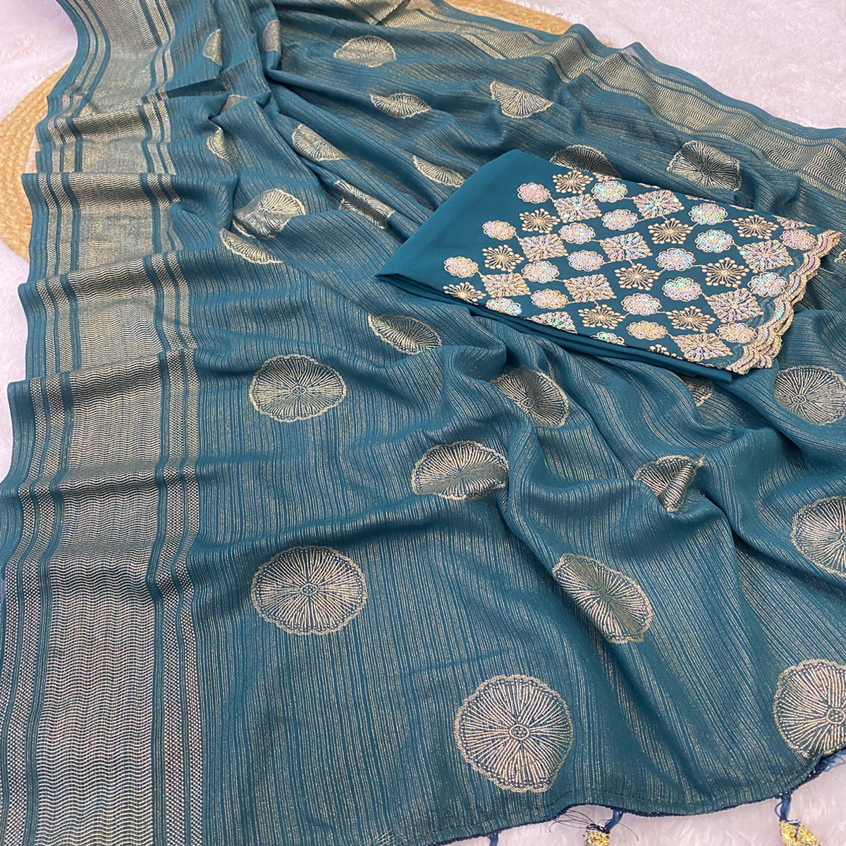 Blue Georgette Saree With Shimmering Floral Foil Print & Tassel Accented Pallu - Image 2