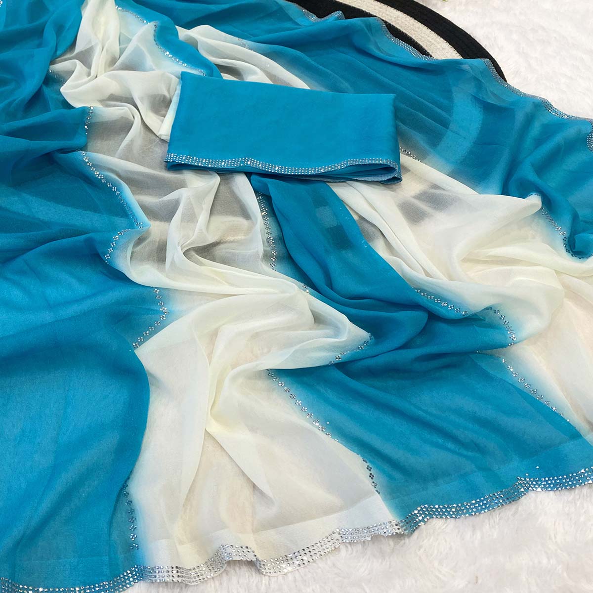 Blue Gradient Georgette Saree with Intricate Swarovski Crystal Star Motifs - Image 2