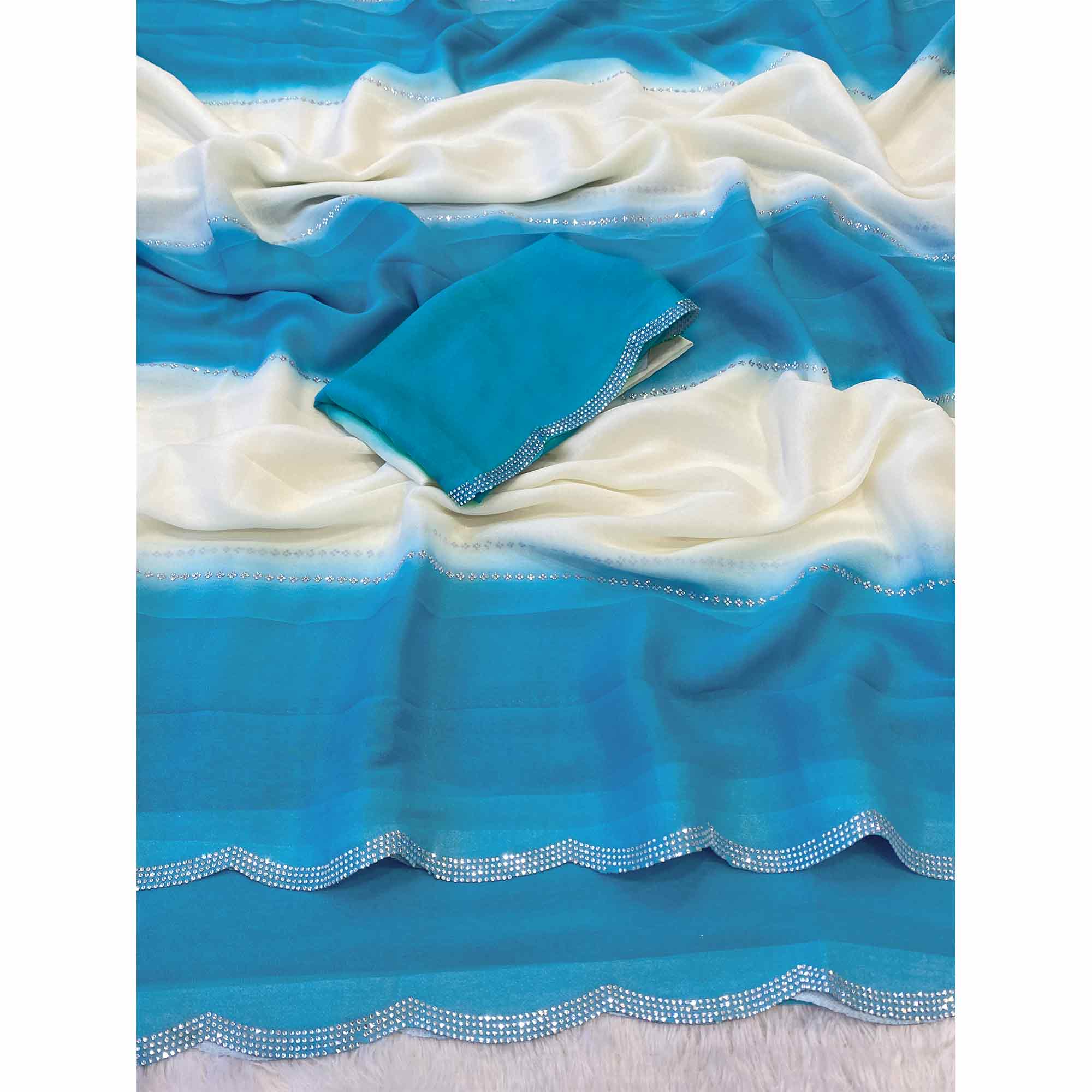 Blue Gradient Georgette Saree with Intricate Swarovski Crystal Star Motifs - Image 3