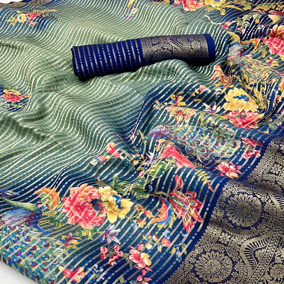 Blue & Green Floral Woven With Printed Georgette Saree - Image 2