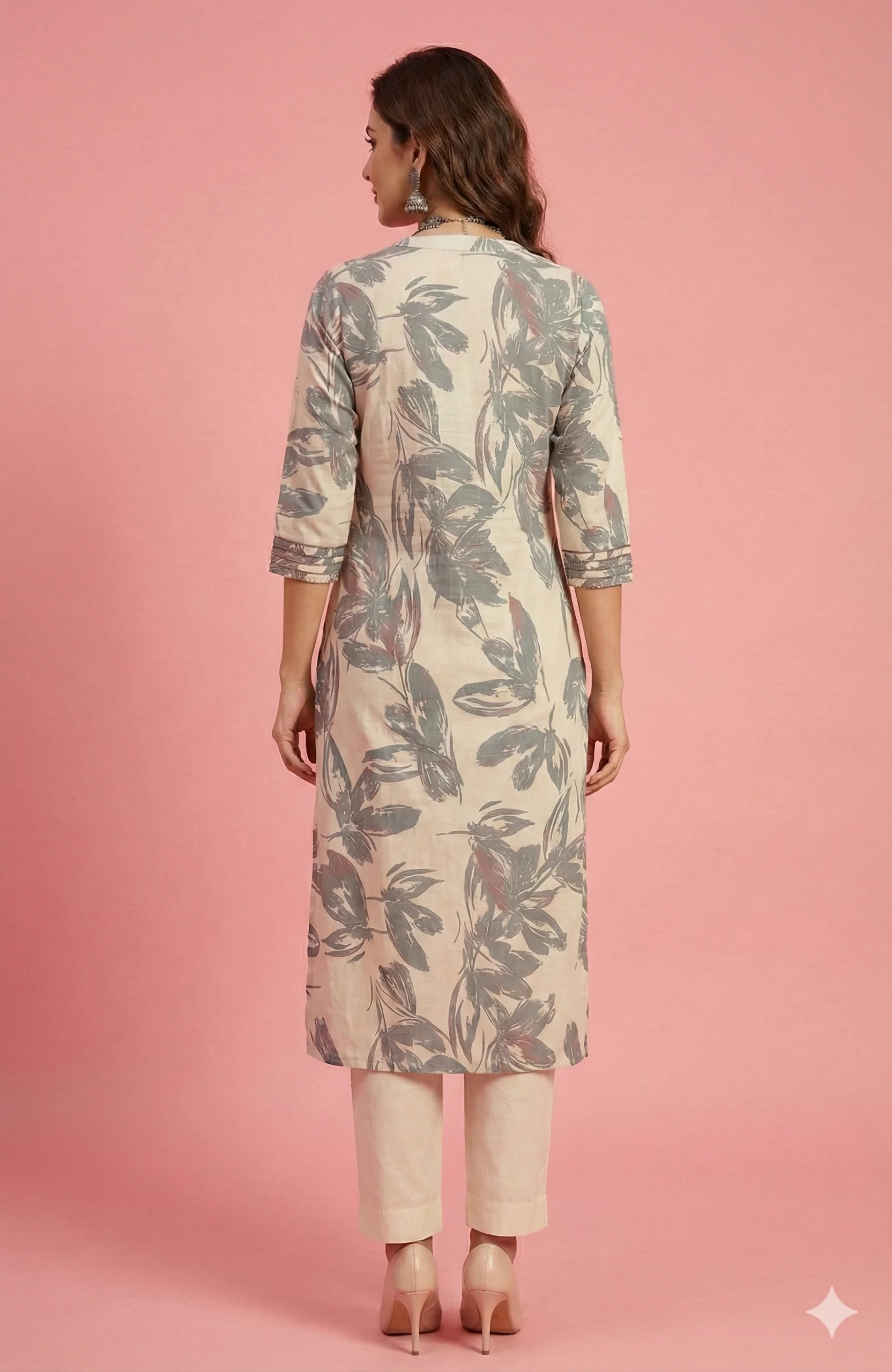 Blue Grey Contemporary Floral Printed Viscose Kurti with Subtle Foil Work - Image 3