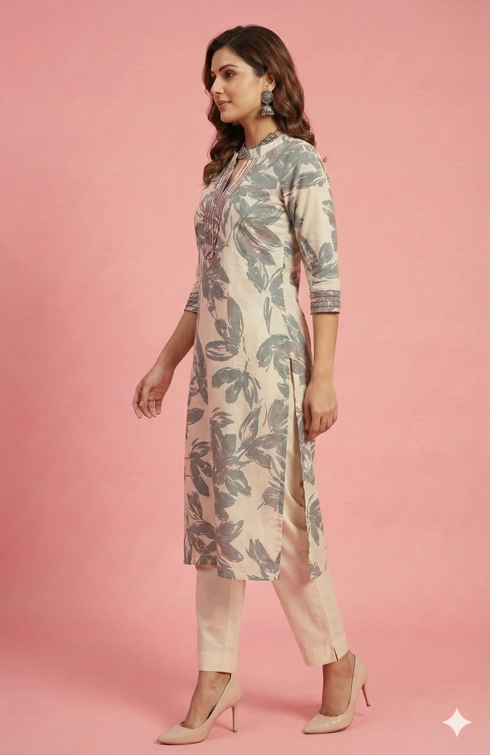 Blue Grey Contemporary Floral Printed Viscose Kurti with Subtle Foil Work - Image 4