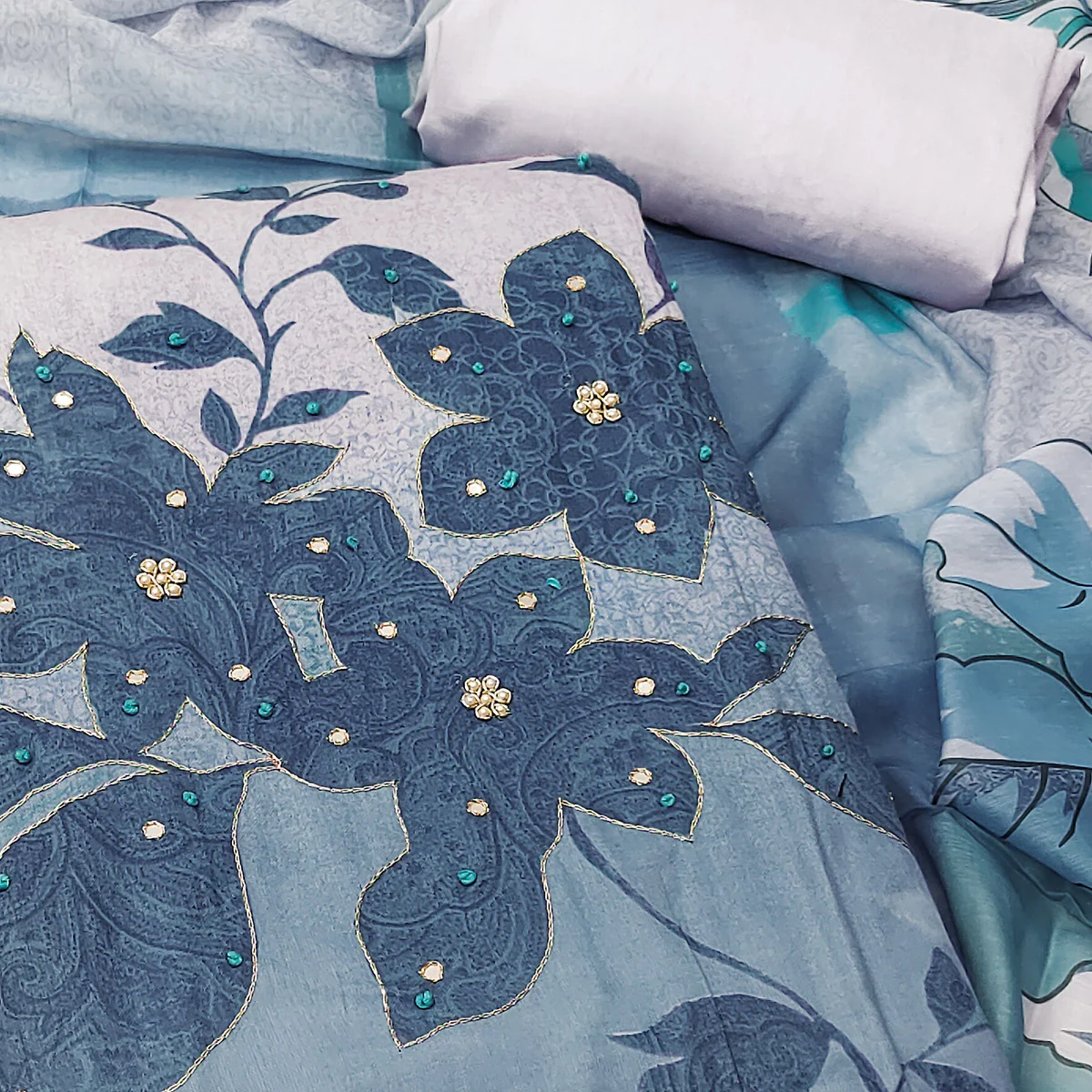 Blue & Grey Floral Print Cotton Fabric with Intricate Beads Work - Image 2