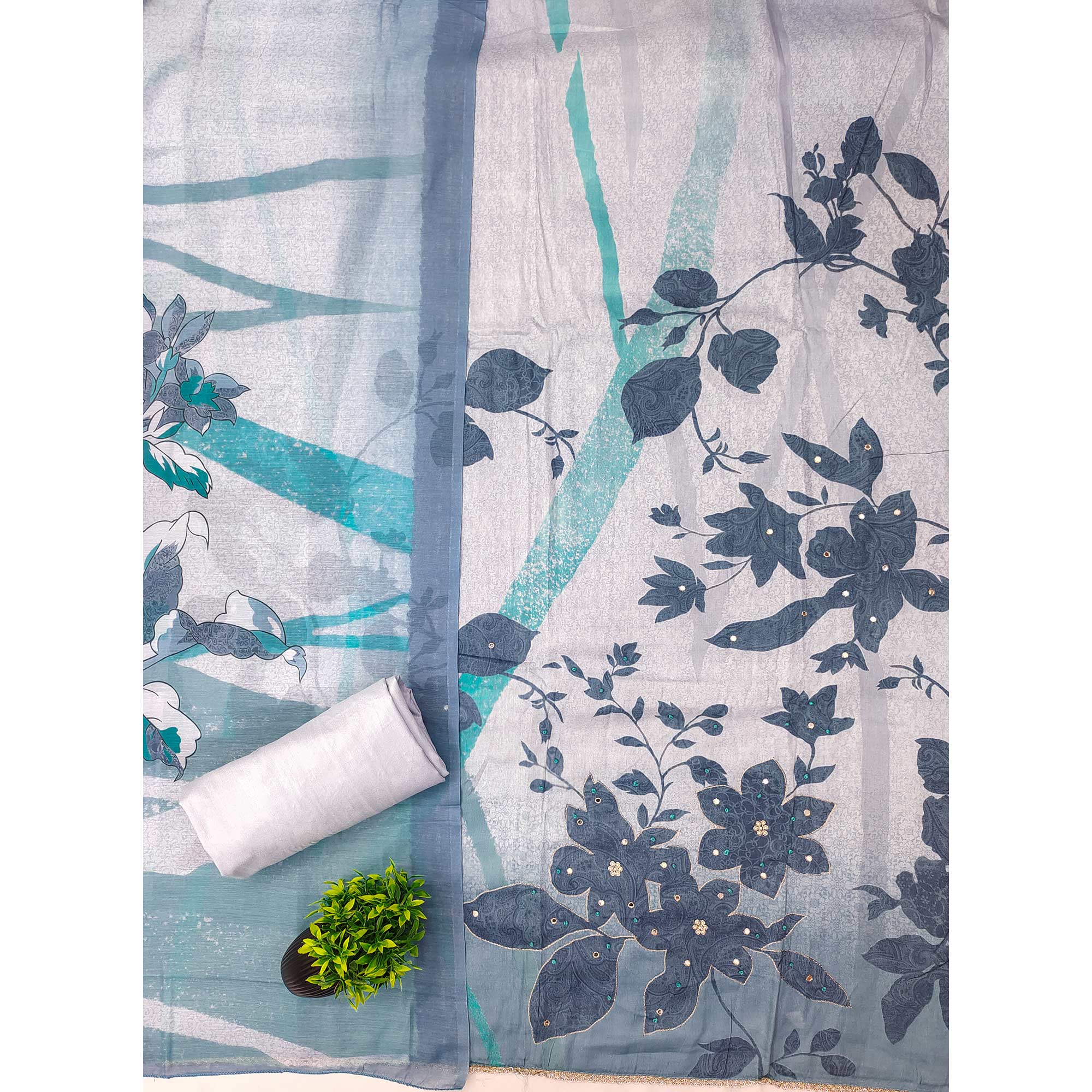 Blue & Grey Floral Print Cotton Fabric with Intricate Beads Work - Image 3