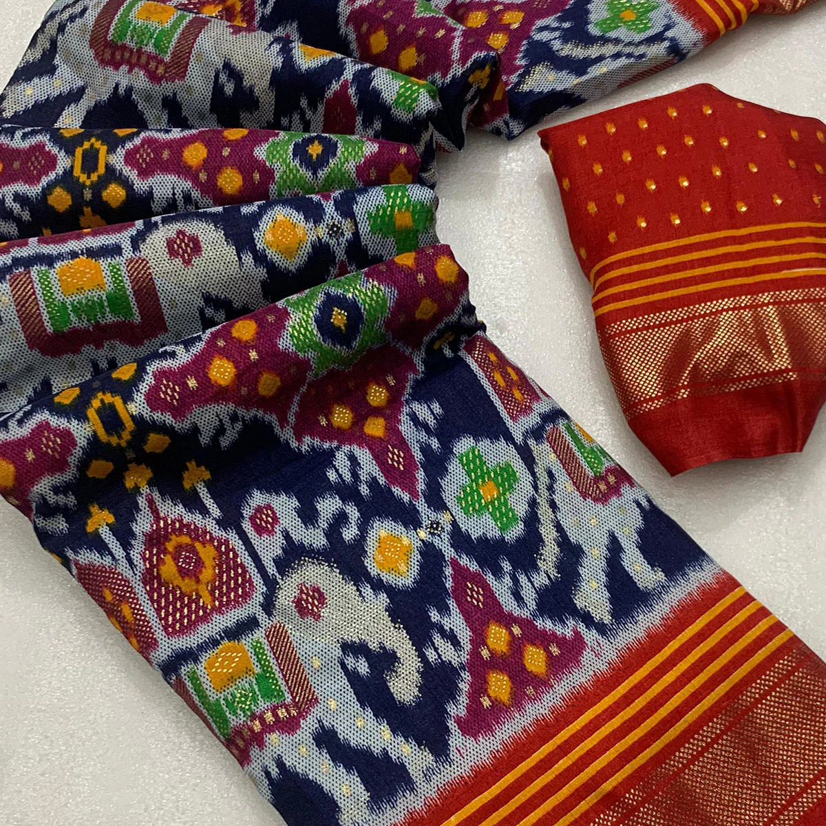 Blue & Grey Patola Printed Dola Silk Saree - Image 2