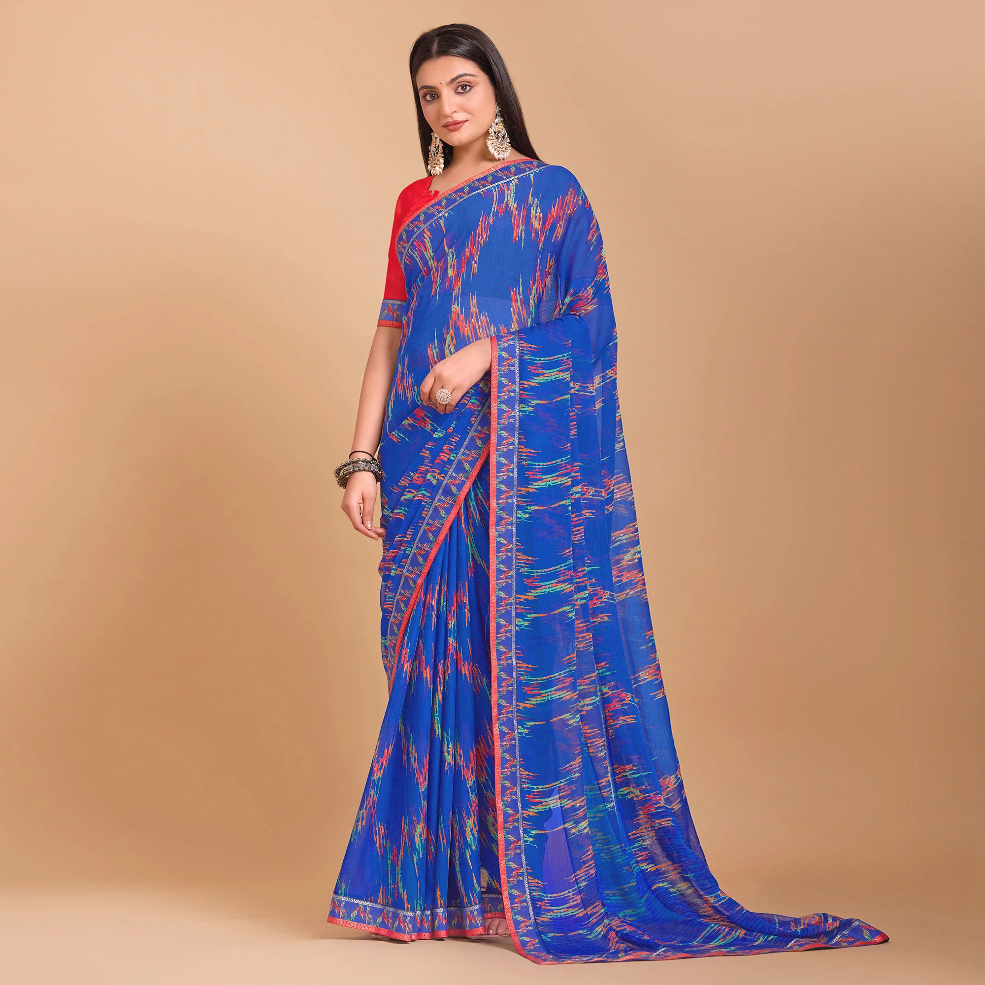 Blue Ikkat Printed Chiffon Saree - Image 2
