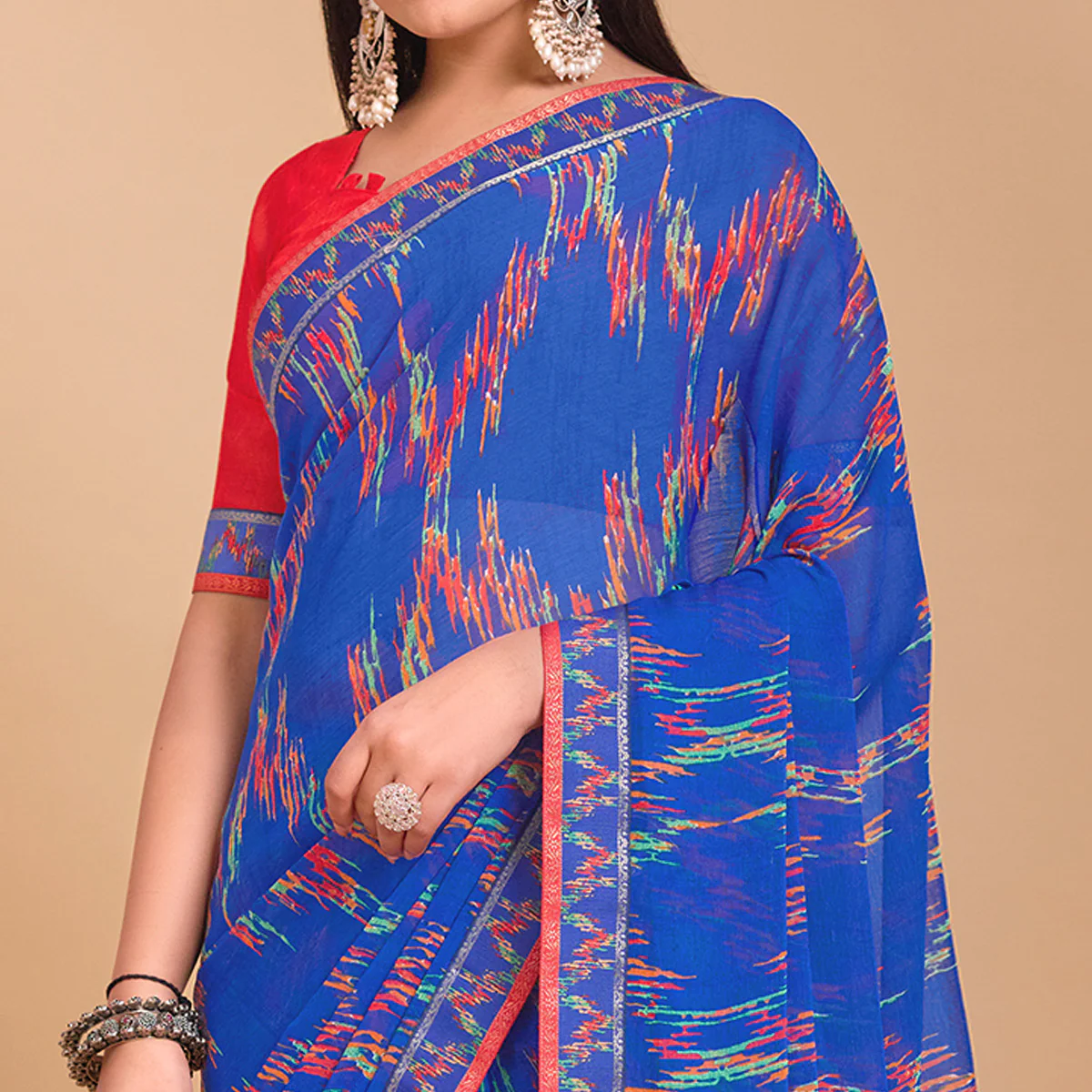 Blue Ikkat Printed Chiffon Saree - Image 3