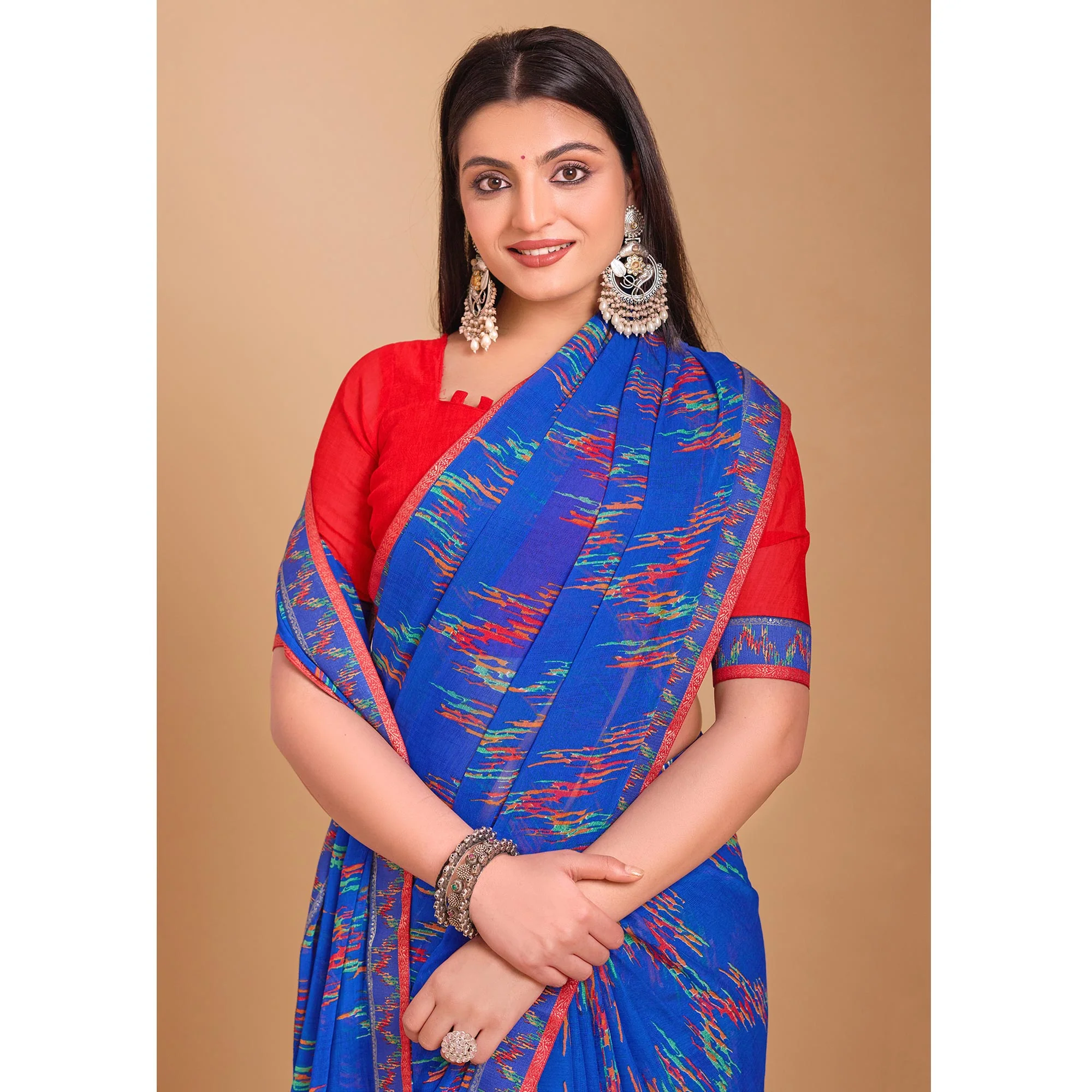 Blue Ikkat Printed Chiffon Saree - Image 4