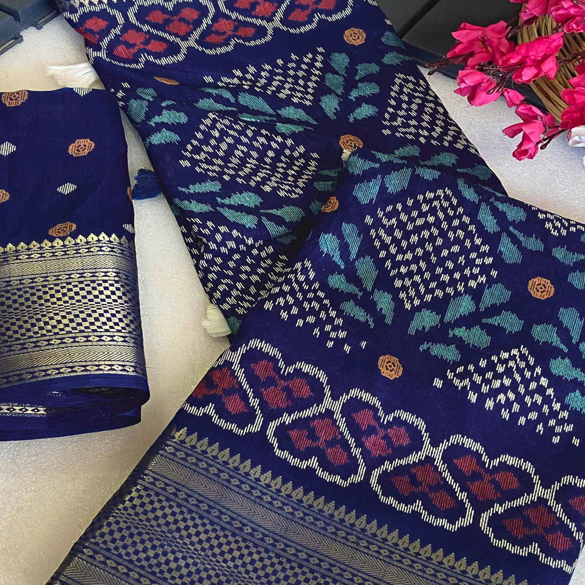 Blue Ikkat Printed Cotton Silk Saree - Image 2