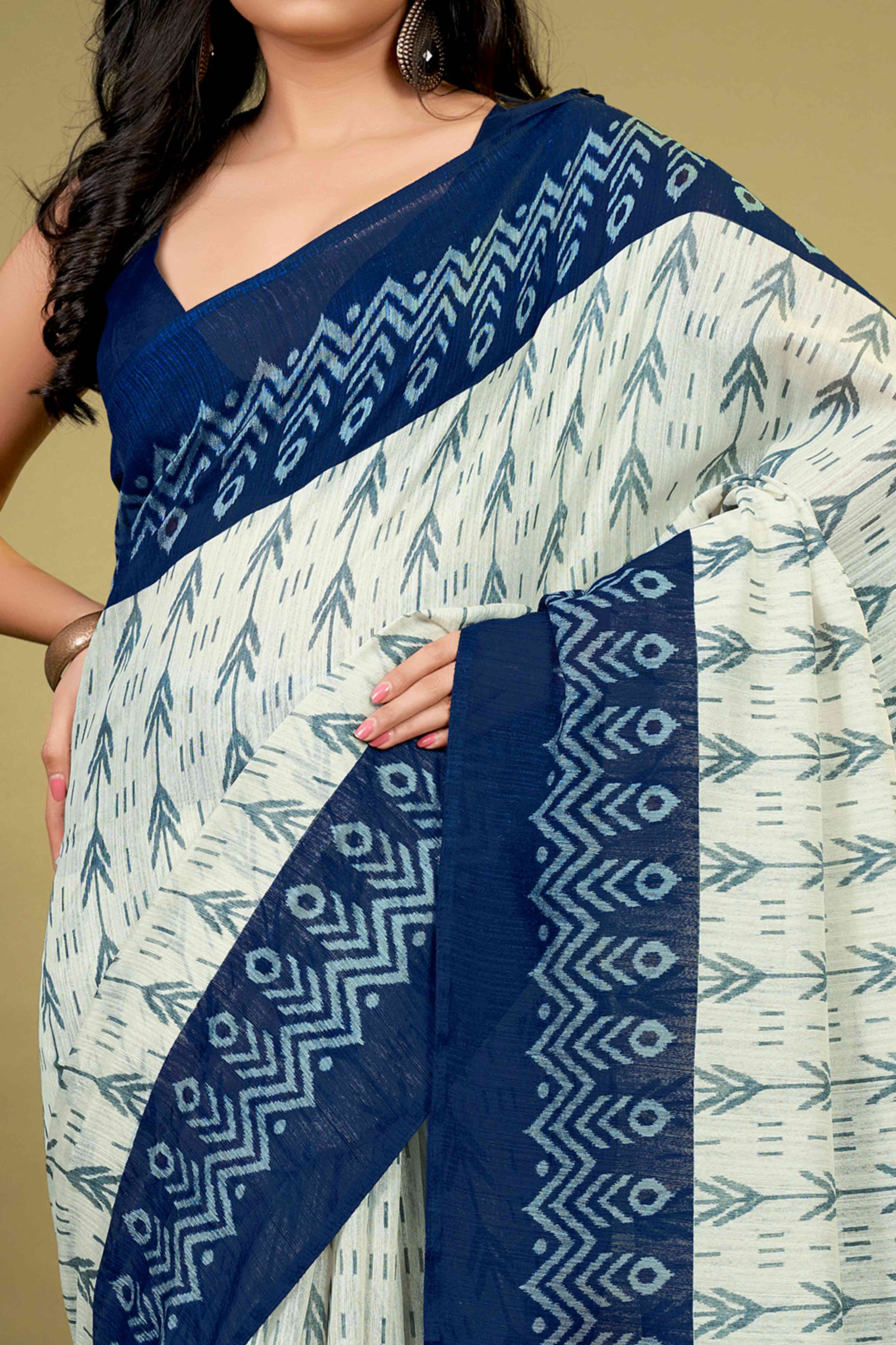 Blue Ikkat Printed Cotton Slub Saree - Image 2