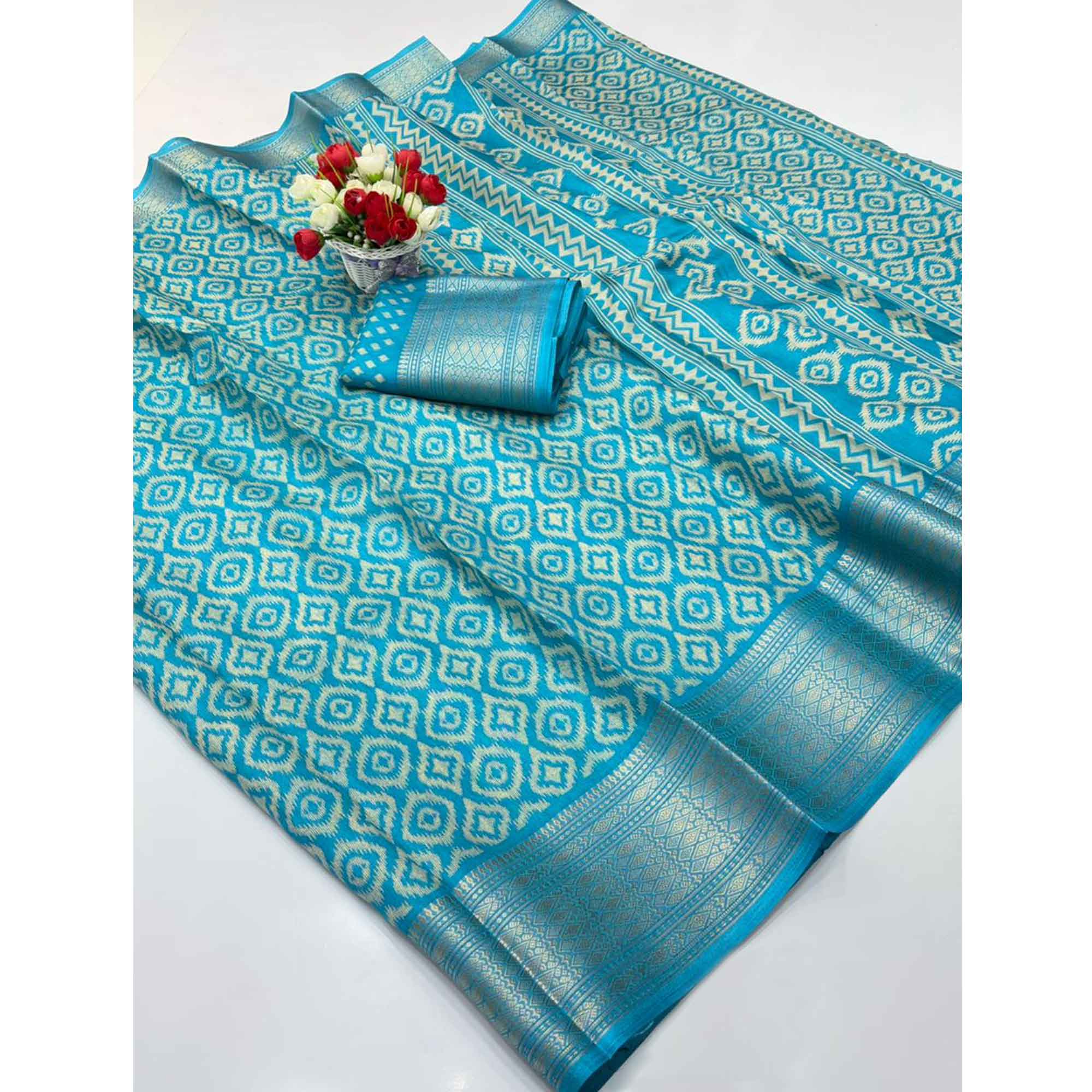 Blue Ikkat Printed Dola Silk Saree Highlighted With Premium Zari Weaving Border - Image 3