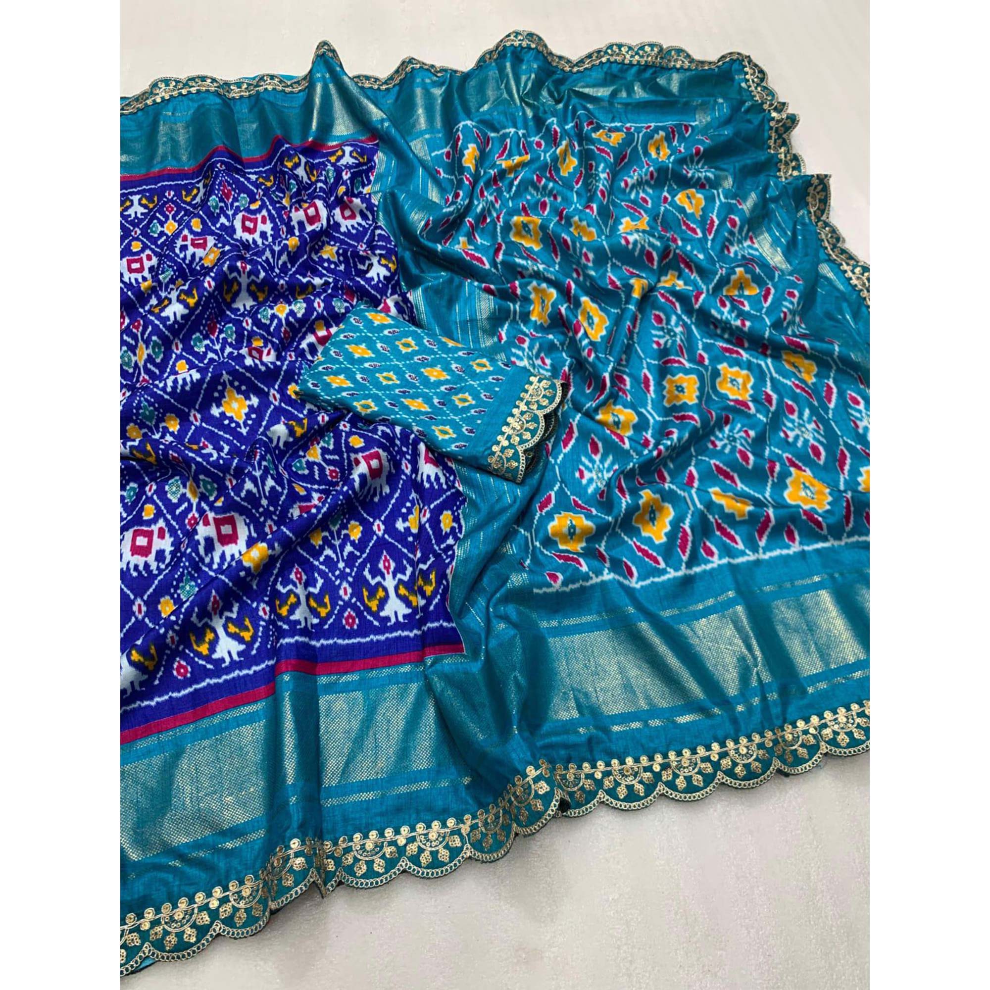 Blue Ikkat Printed Dola Silk Saree With Sequins Embroidered Border - Image 3