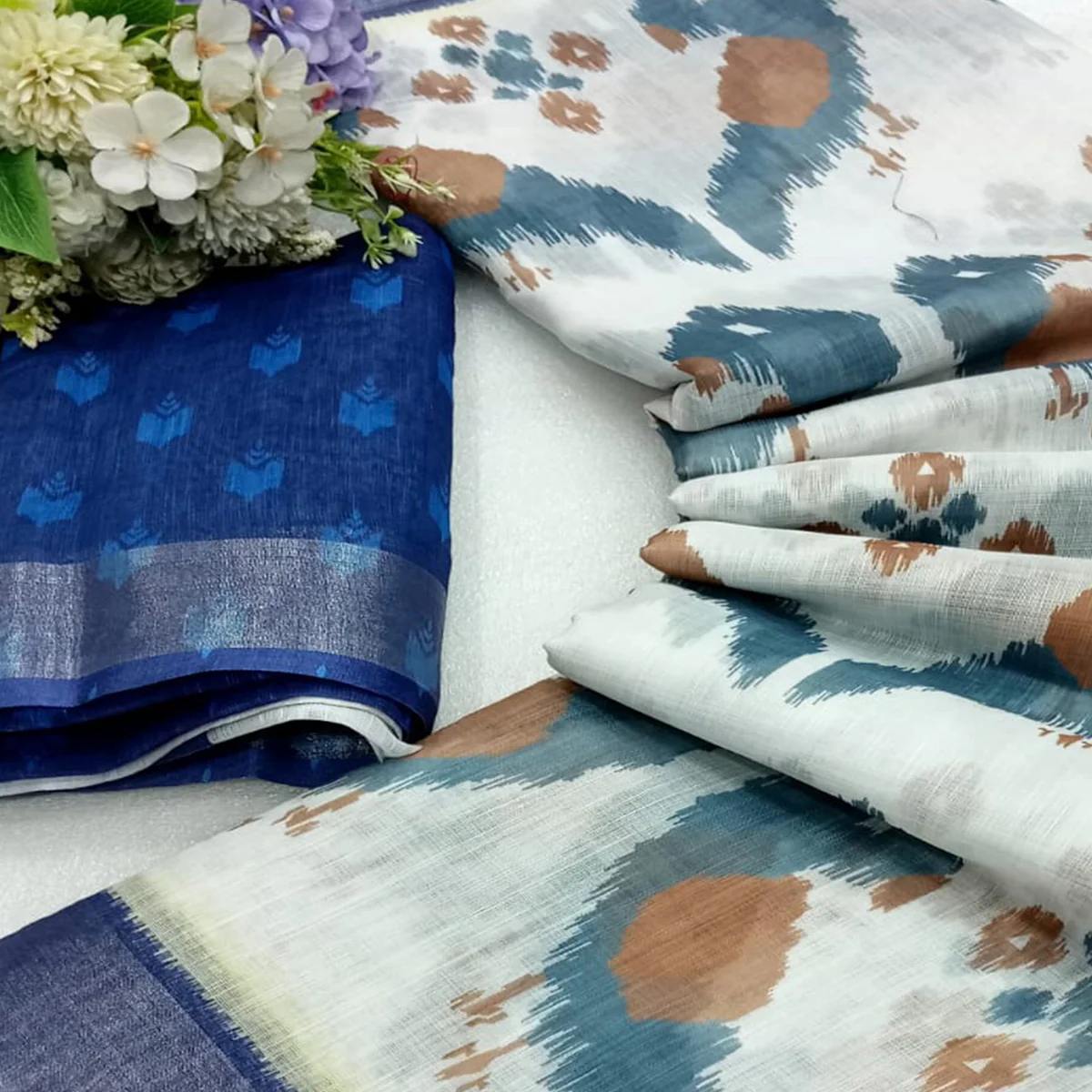 Blue Ikkat Printed Linen Saree - Image 2