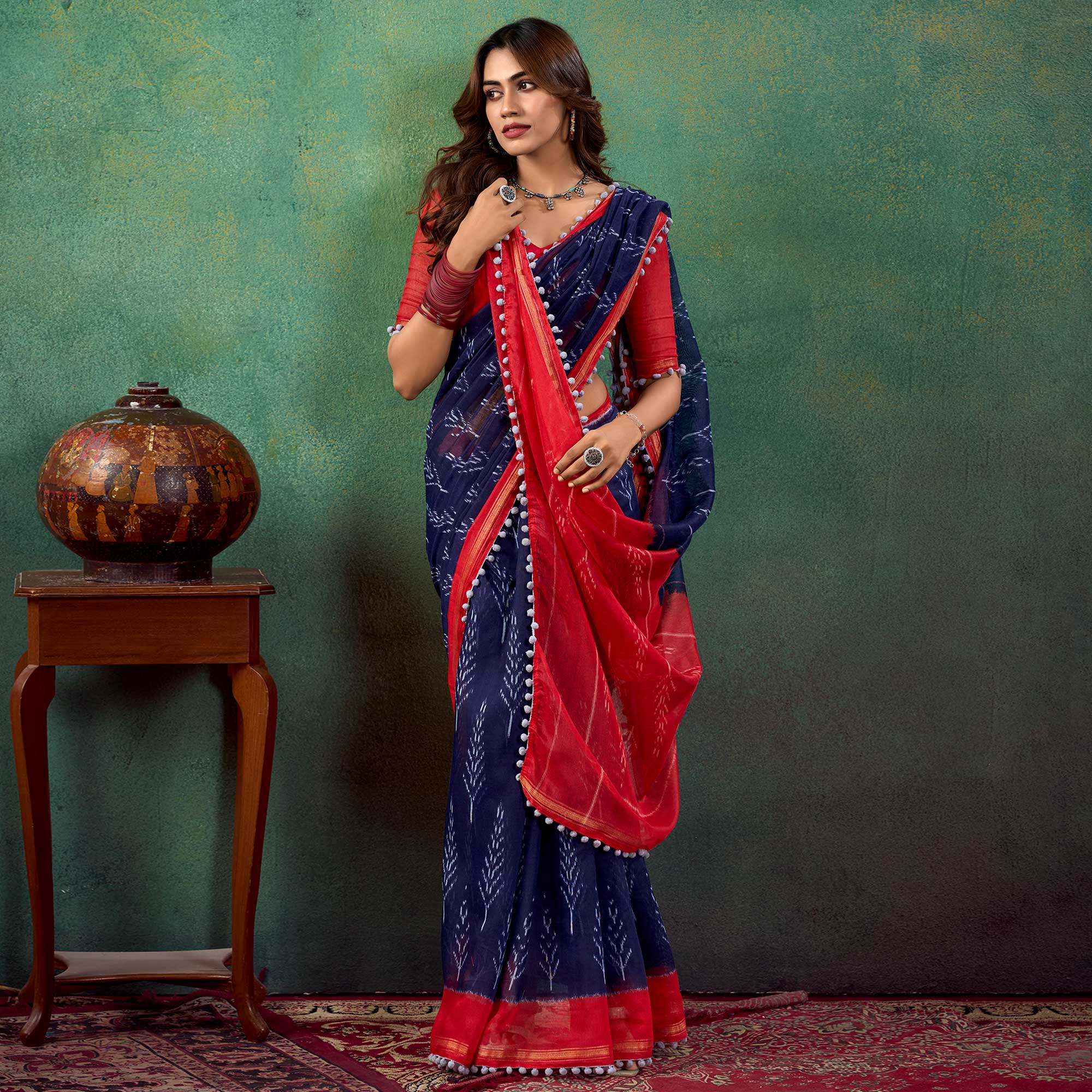 Blue Ikkat Printed Mul Mul Cotton Saree - Image 4