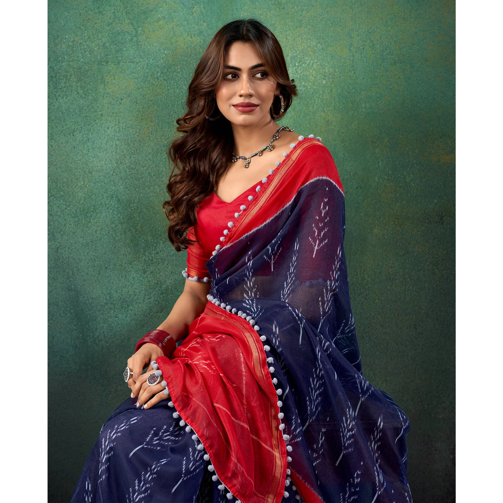 Blue Ikkat Printed Mul Mul Cotton Saree - Image 5