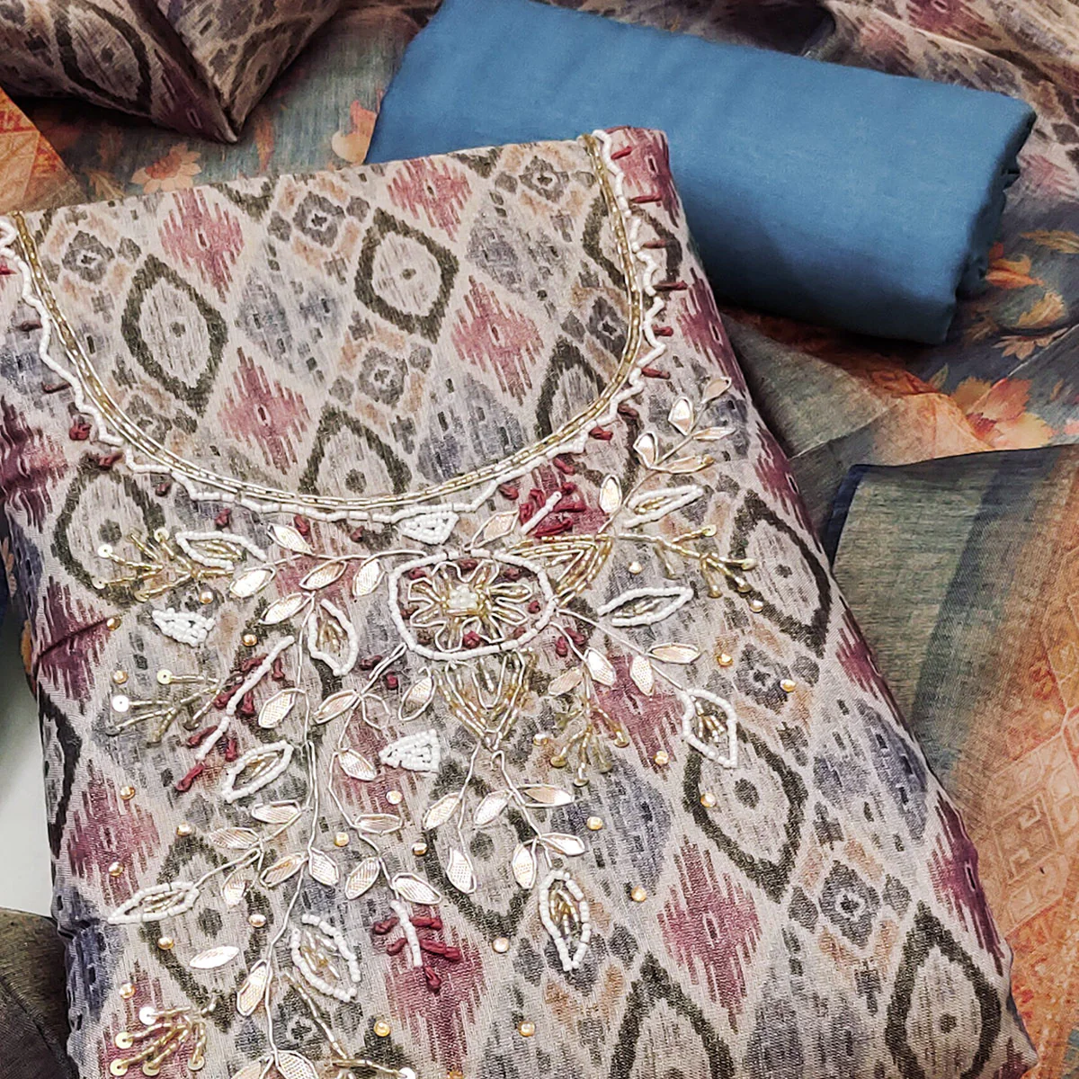 Blue Ikkat Printed Shimmer Cotton Silk Unstitched Dress Material with Elegant Beads Work - Image 2