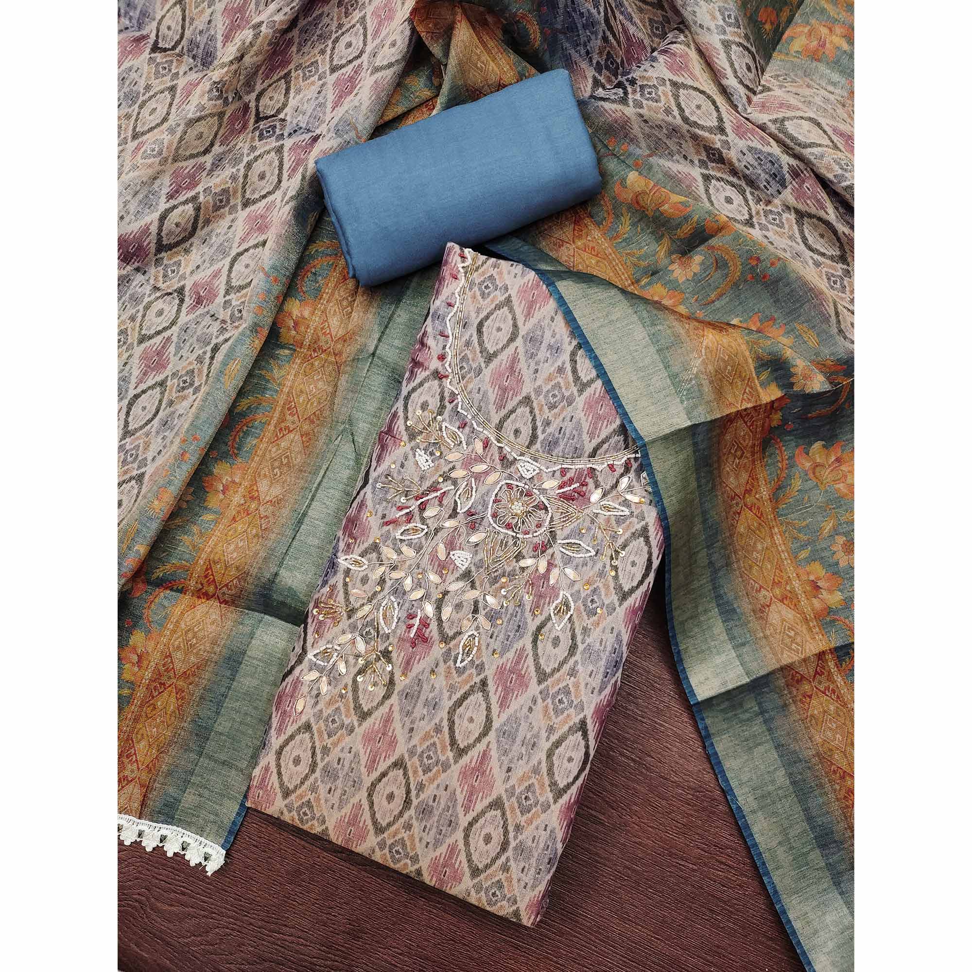 Blue Ikkat Printed Shimmer Cotton Silk Unstitched Dress Material with Elegant Beads Work - Image 3