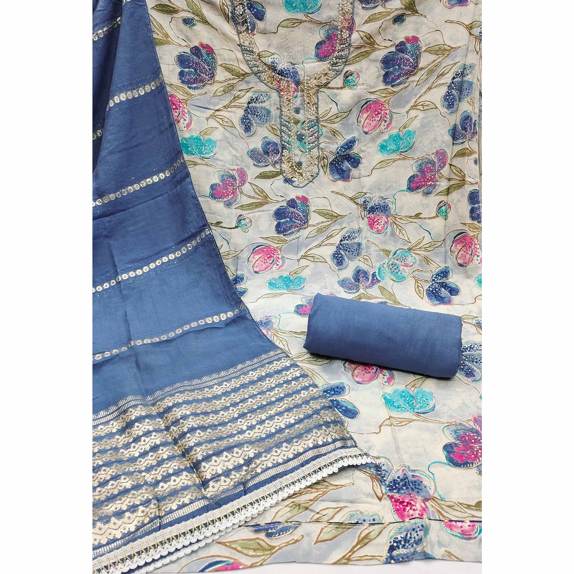 Blue In Jam Cotton with Floral Print & Intricate Moti Handwork Dress Material - Image 4