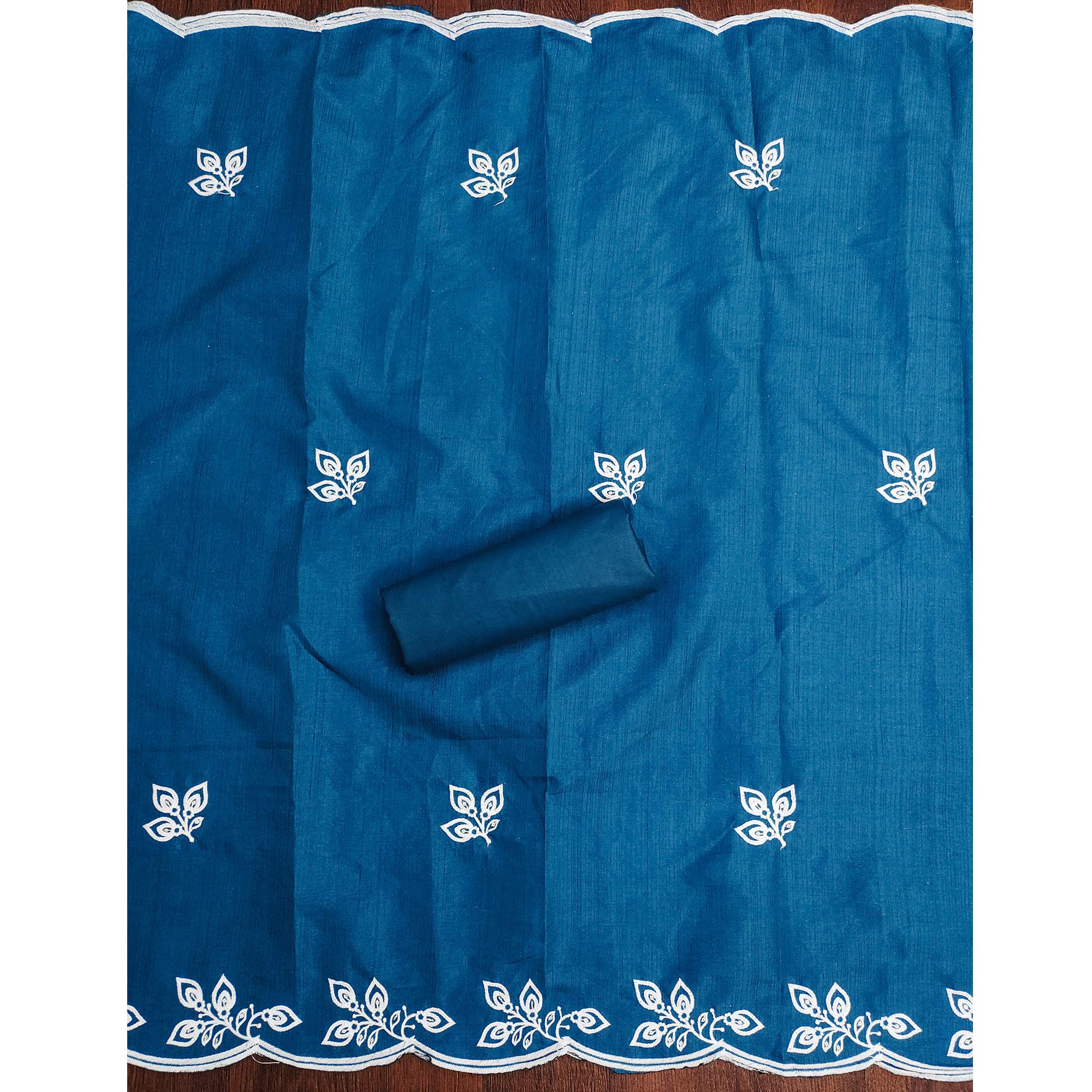 Blue Intricate Floral Embroidered Cotton Blend Dress Material - Image 5