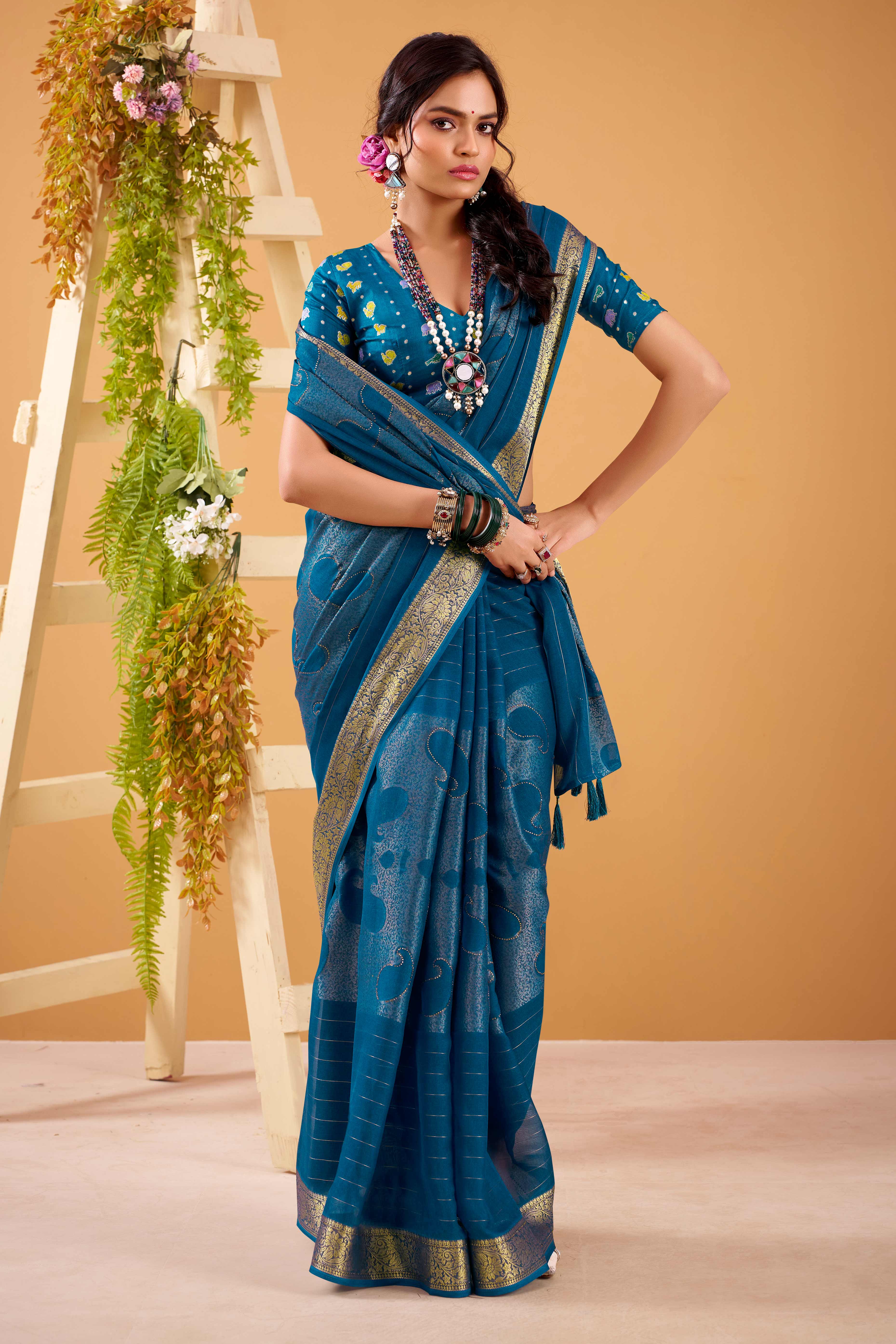 Blue Jacquard Saree Featuring Swarovski Embellishments With Rich Paisley & Floral Weave - Image 3