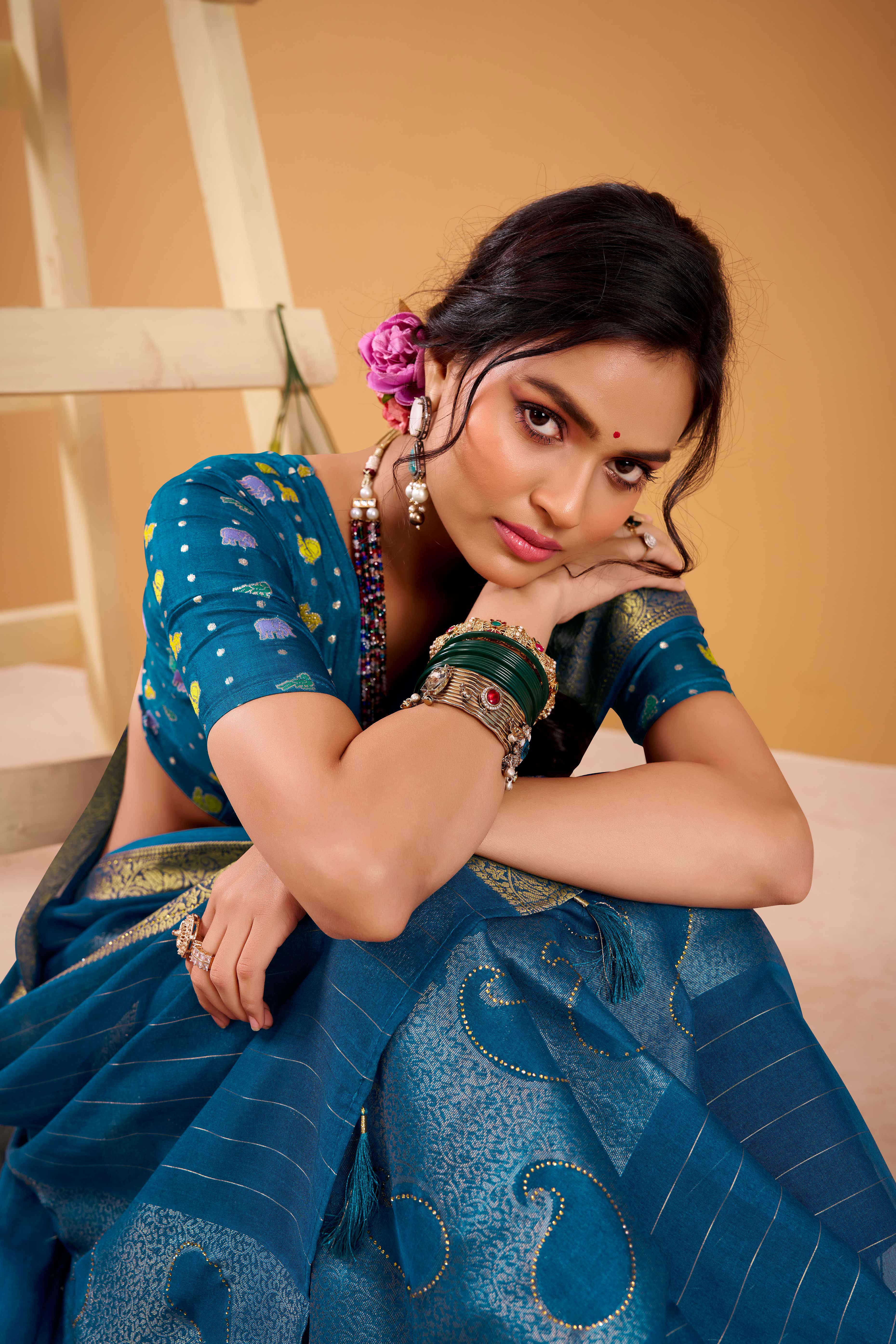 Blue Jacquard Saree Featuring Swarovski Embellishments With Rich Paisley & Floral Weave - Image 5