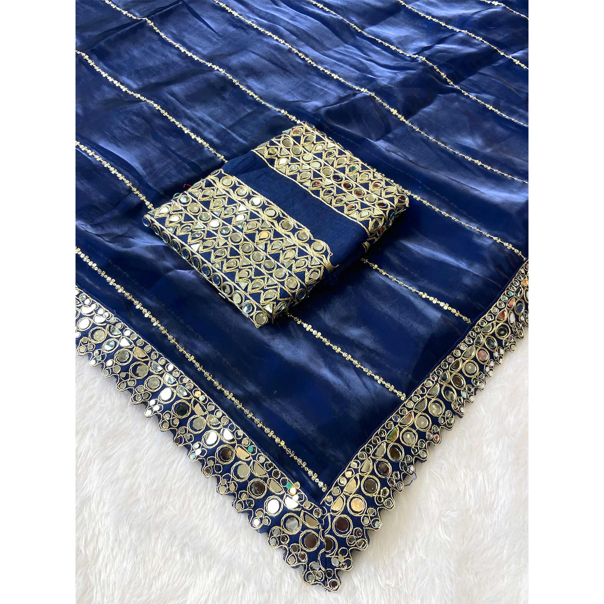 Blue Jimmy Choo Satin Saree Adorned With Sequins Embroidery & Mirror Accents - Image 5