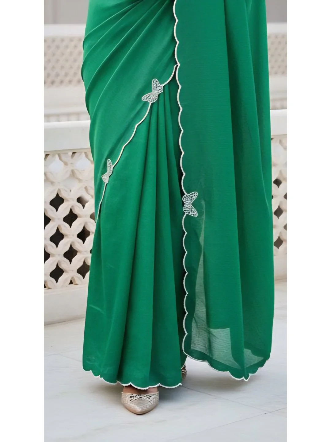 Elegant Geen Solid Chinon Saree with Swarovski & Stone Embellished Designer Work - Image 2