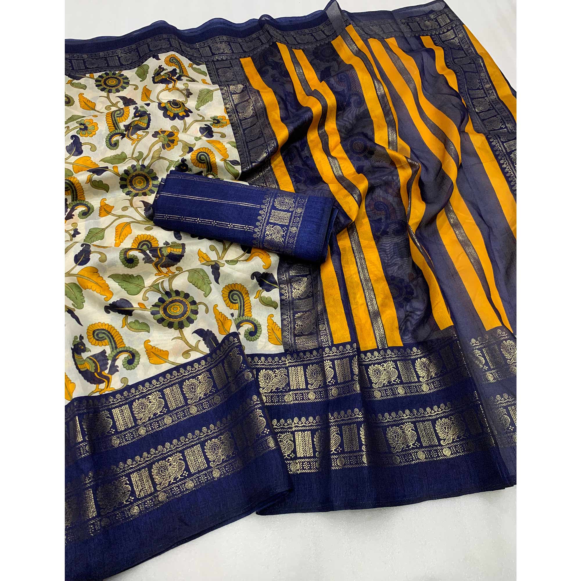 Blue Kalamkari Printed Dola Silk Saree - Image 3